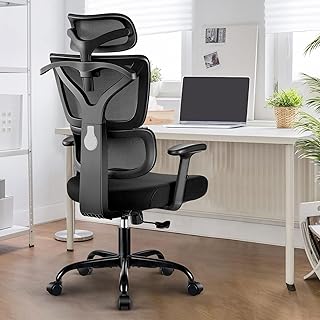 Silla Oficina ergonómica con Respaldo de Malla Elástica, Reposacabezas Ajustable y Silla Escritorio de Altura con Percha, Negro