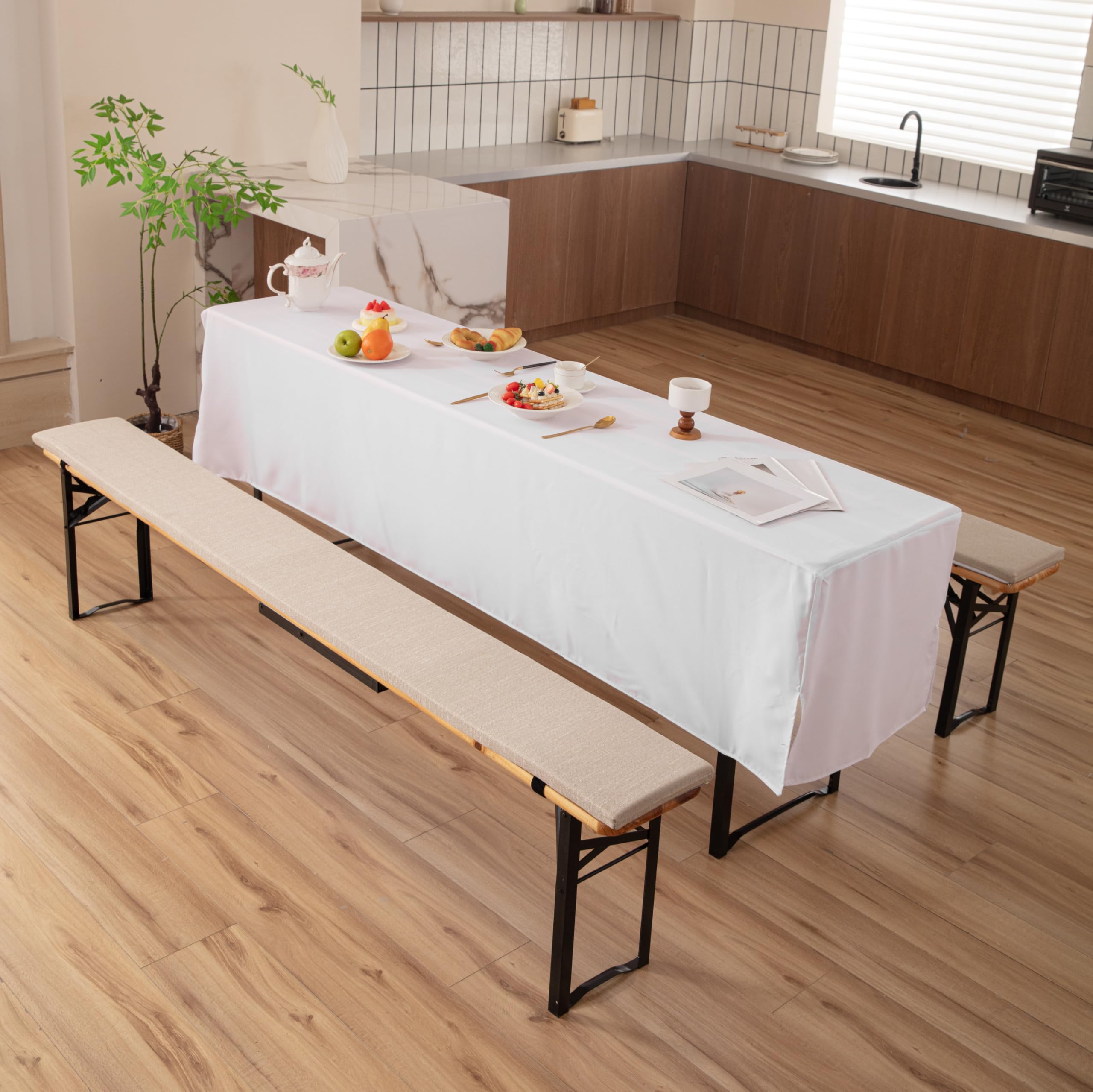 EBETA 2 x Cuscini per panca, Tappetino antiscivolo, Cuscini per panchina da birra in cotone e lino con fibbia, 220 x 25 x 3 cm (Beige)