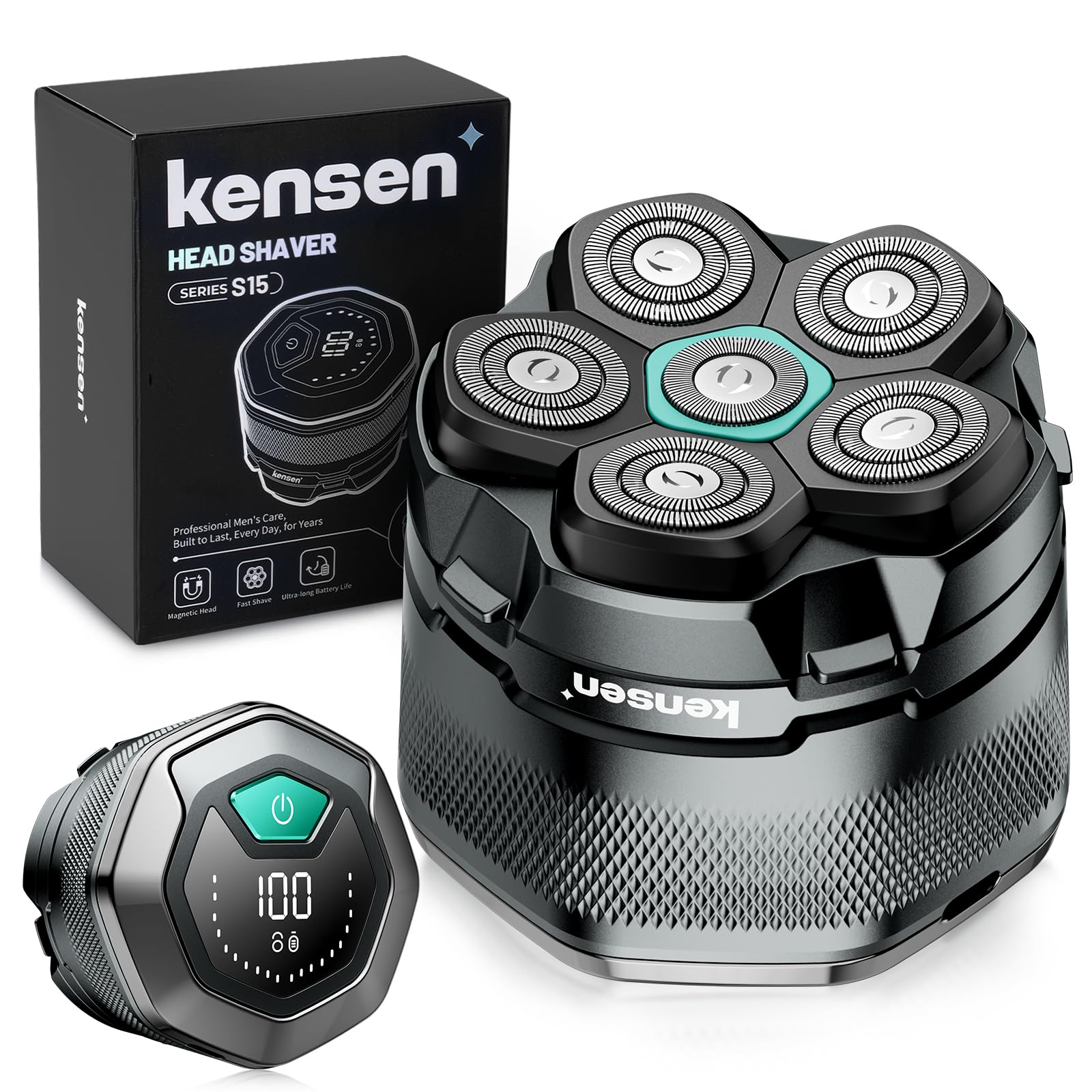 Kensen Afeitadora Cabeza Hombre Calvo 6D Cabezal Magnético con 180 mins Uso | Maquina de Afeitar Cabeza Hombre en Seco y Húmedo con Pantalla LED, IPX6 Impermeable, USB-C