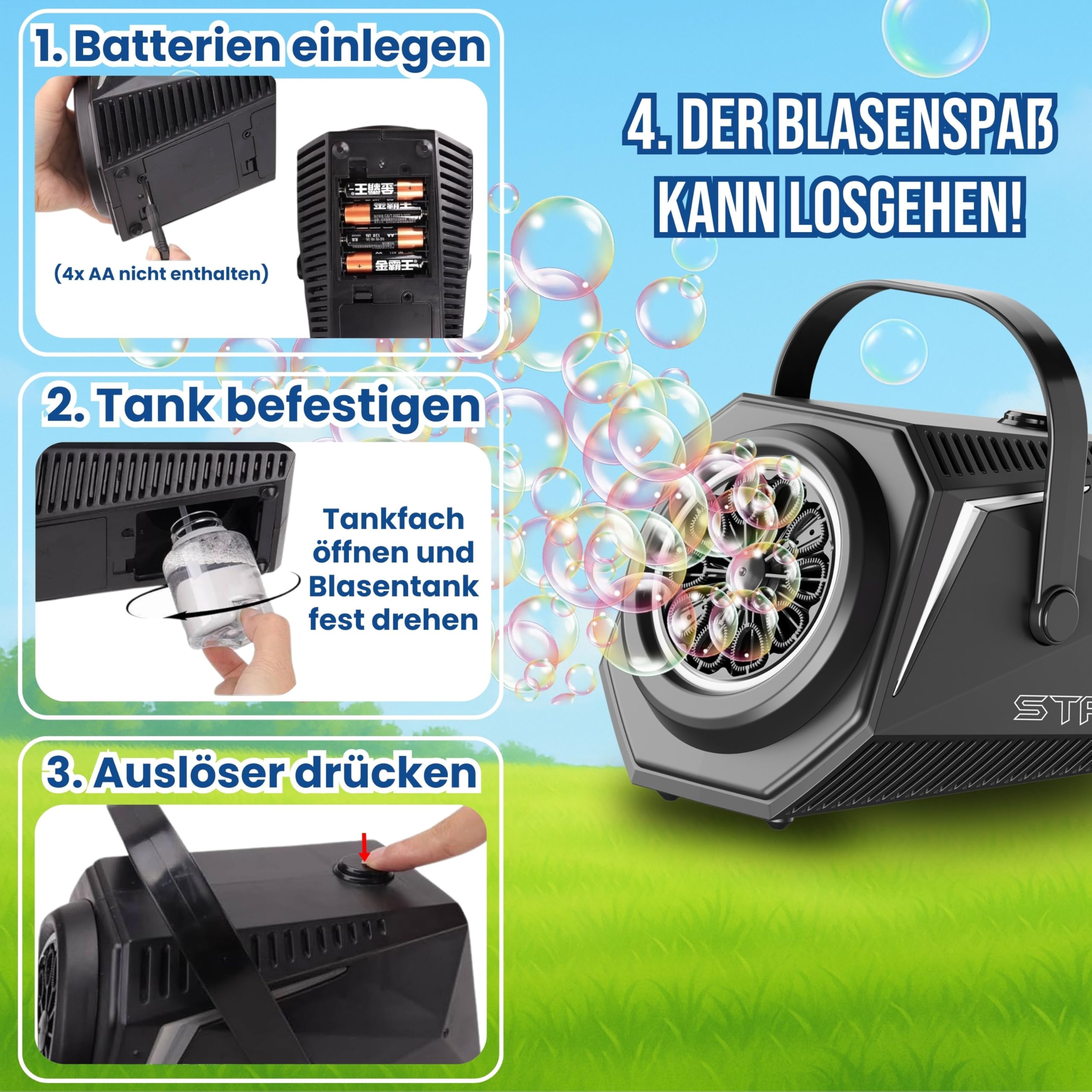 Blubbel LED Seifenblasenmaschine mit 1L Seifenblasenflüssigkeit, Bubble Maschine