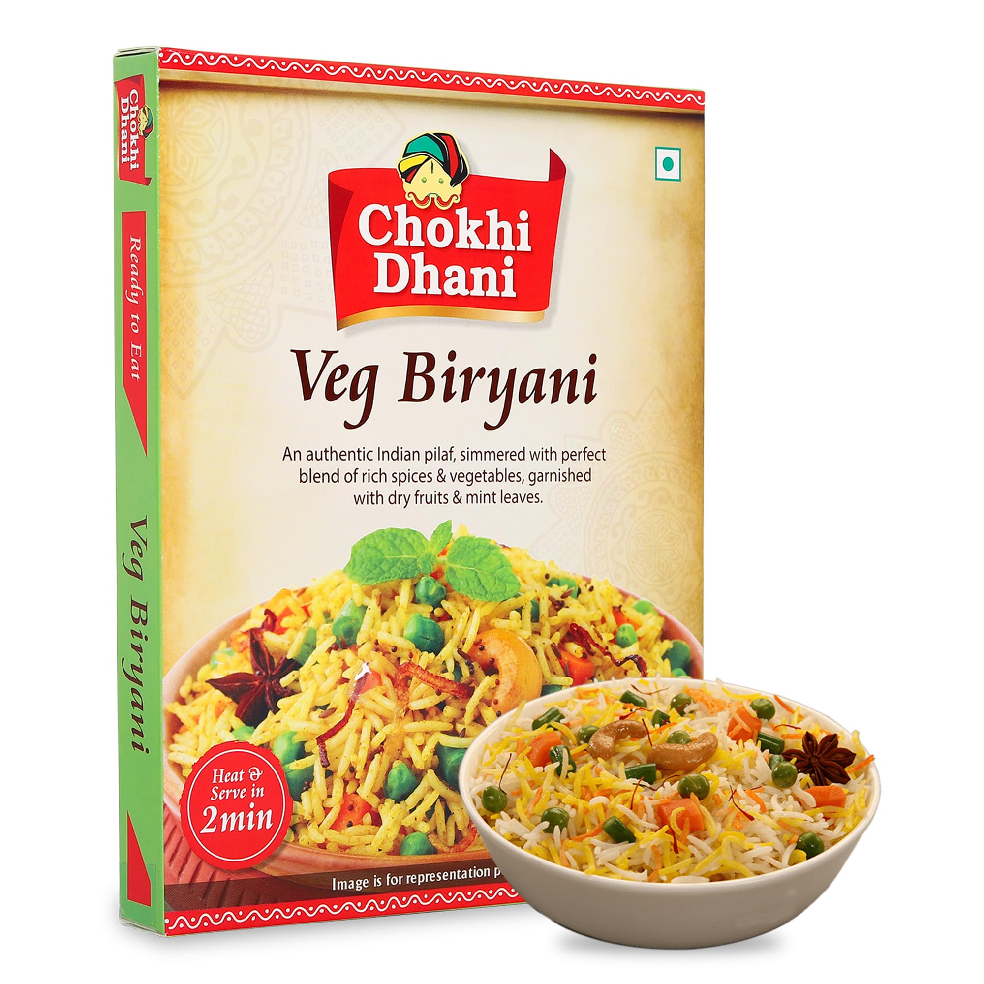 Chokhi Dhani Veg Biryani, Ready To Eat Vegetarian Pulao Meal, Instant Premix, Home Style Food Ready in 2 Minutes, Just Heat on Microwave, Stove Top or Hot Water (Pack of 1, 250g)
