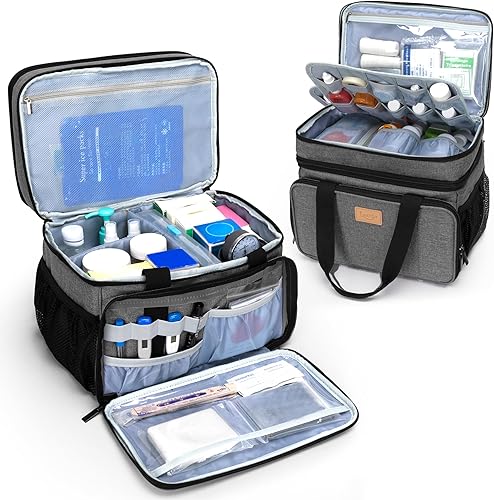 Miniatura 9 de LUXJA Bolsa de medicina de 2 capas con divisor desmontable, organizador de botellas de píldoras adecuado para uso doméstico o de viaje, puntos grises