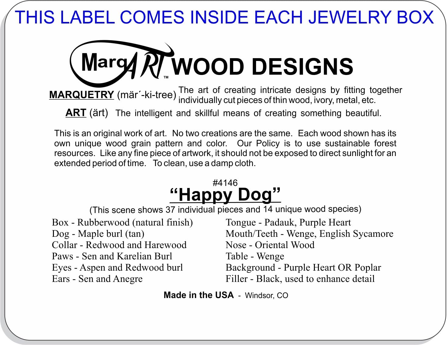 Wood Art Dog Box - Handmade in USA - Unmatched Quality - Unique, No Two are the Same - Original Work of Wood Art (#4146 Happy Dog 4x5x1.5)