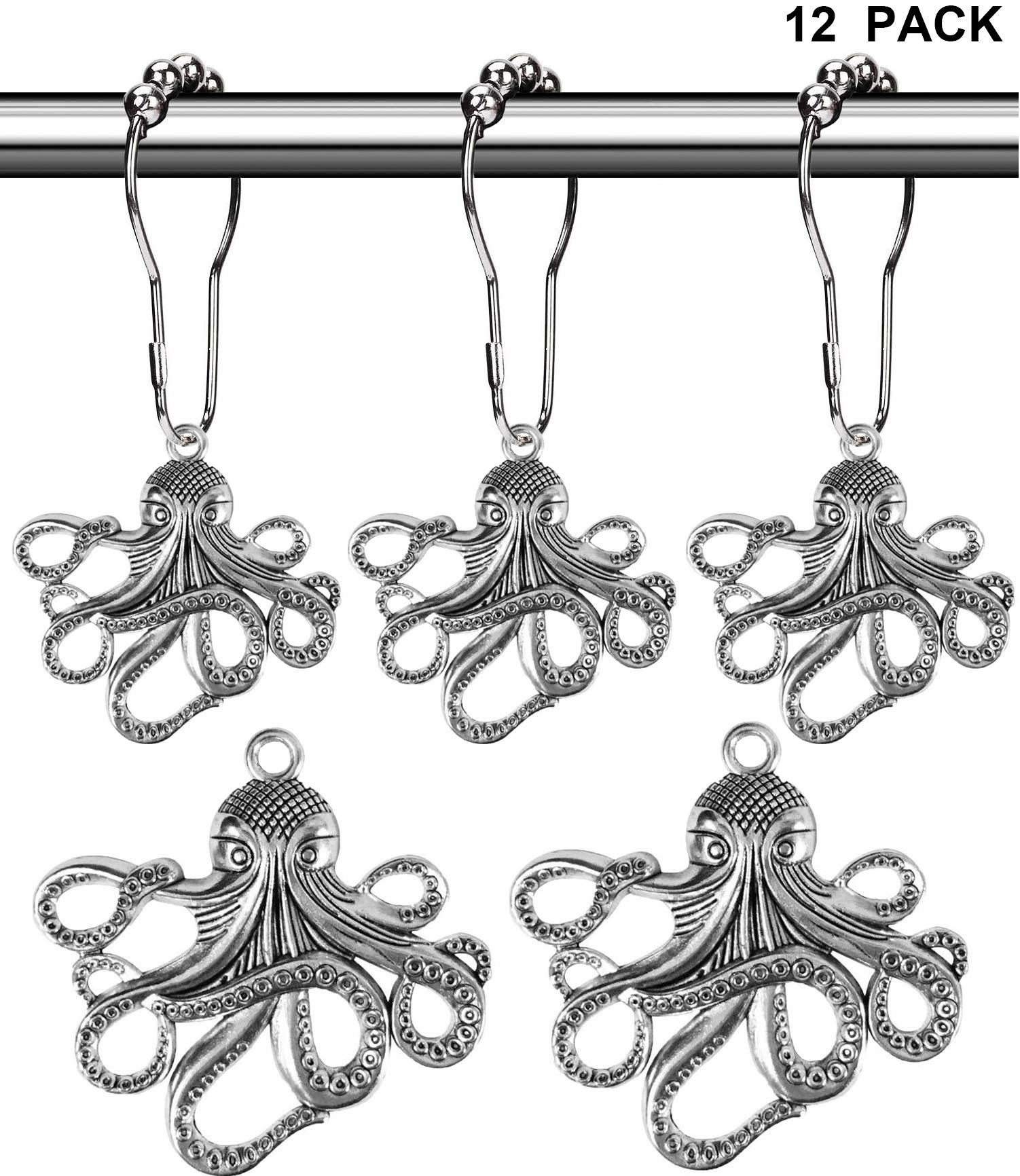 Octopus Shower Curtain Hooks Rings - Silver Metal Shower Hooks for Shower Curtain, Decorative Shower Hooks Shower Hanger, Ocean Bathroom Accessories Set, Tropical Sea Beach Theme Bathroom Decor