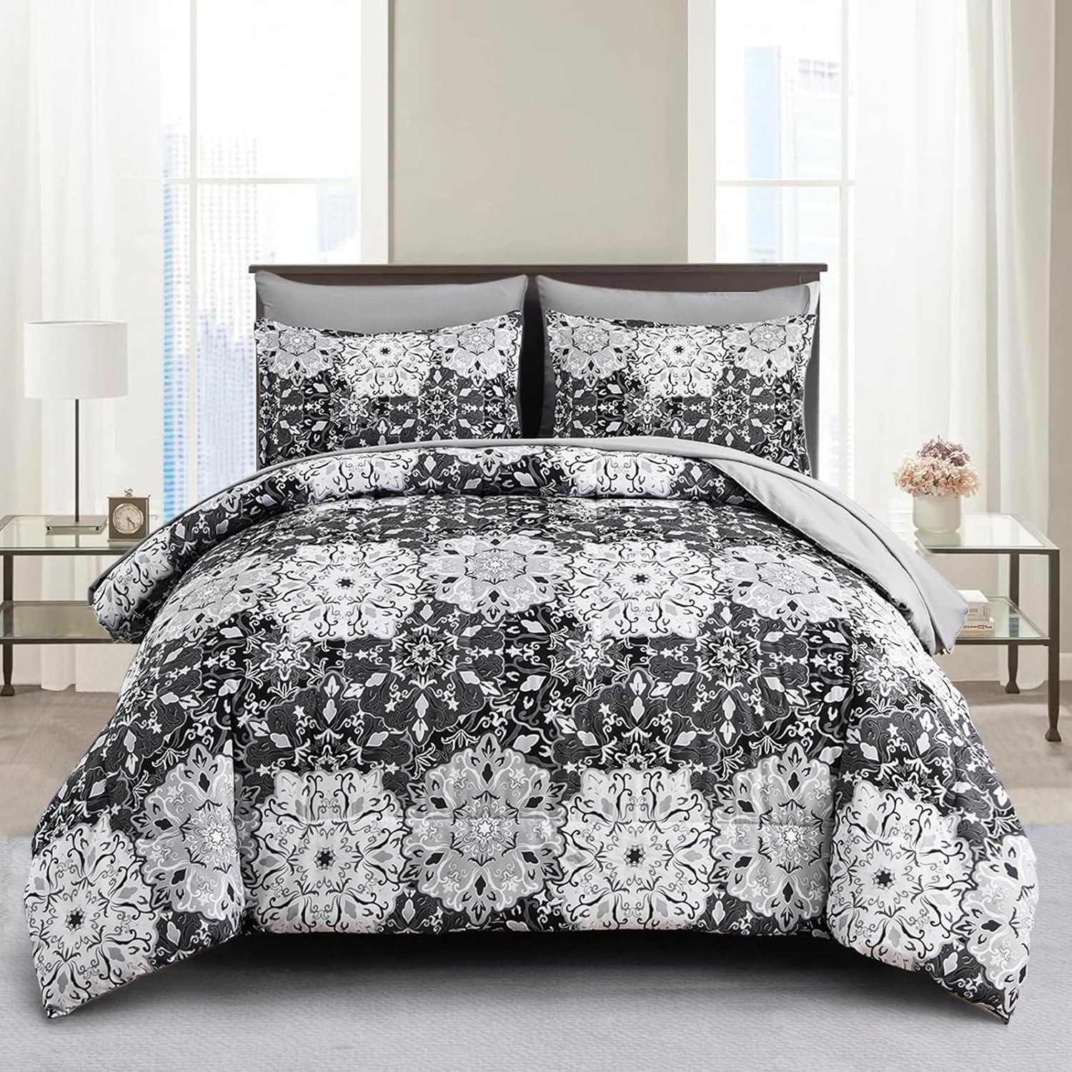 Luxudecor Grey Comforter Set Queen Size 3 Pieces Bed in a Bag Boho Comforter and Sheet Set, Soft Microfiber Medallion Complete Bedding Sets for All Seasons