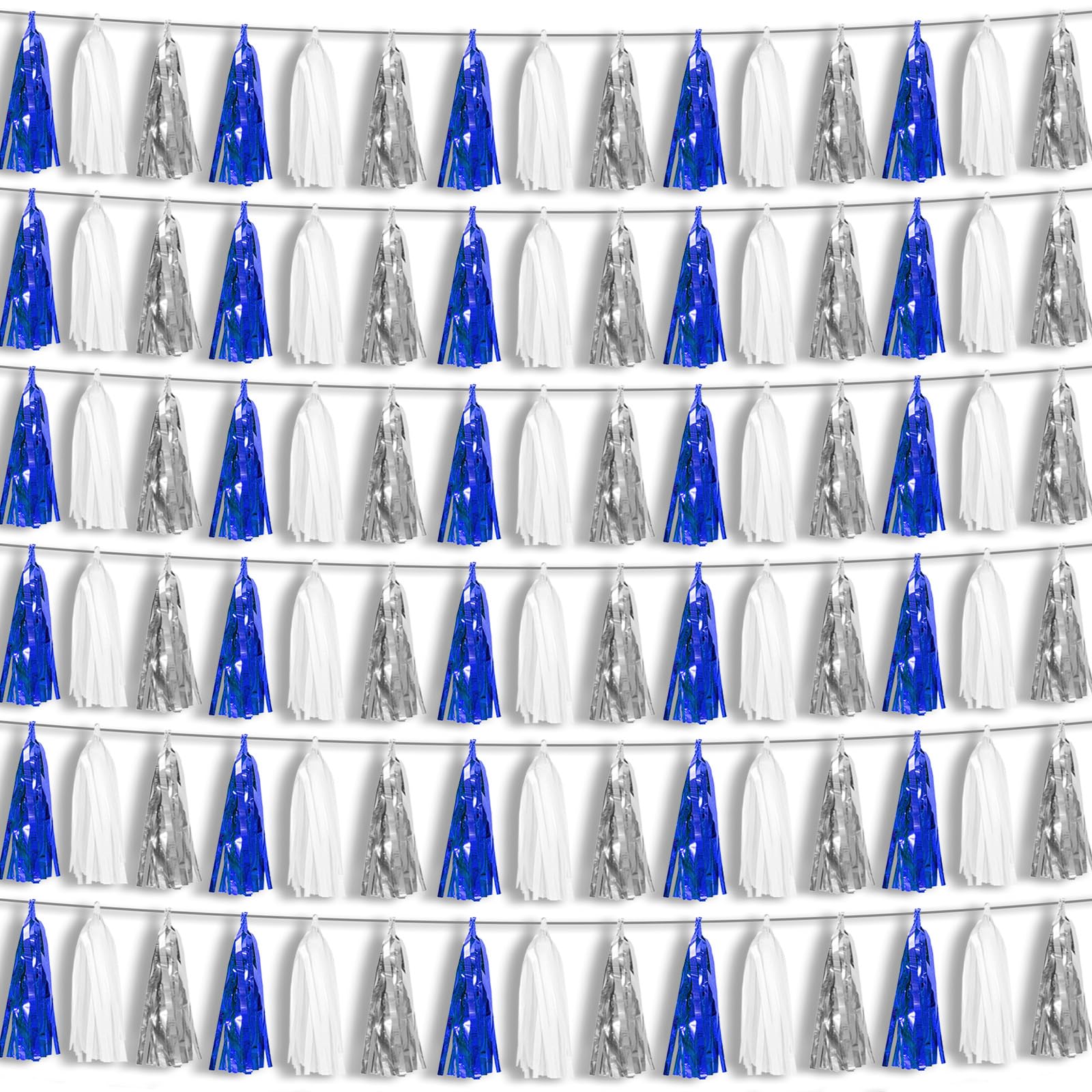 Quasten-Girlande Marineblau/Weiß/Silber – 15 Quasten, Je 35,6cm, Mit 3m Schnur, Für Partys & Deko