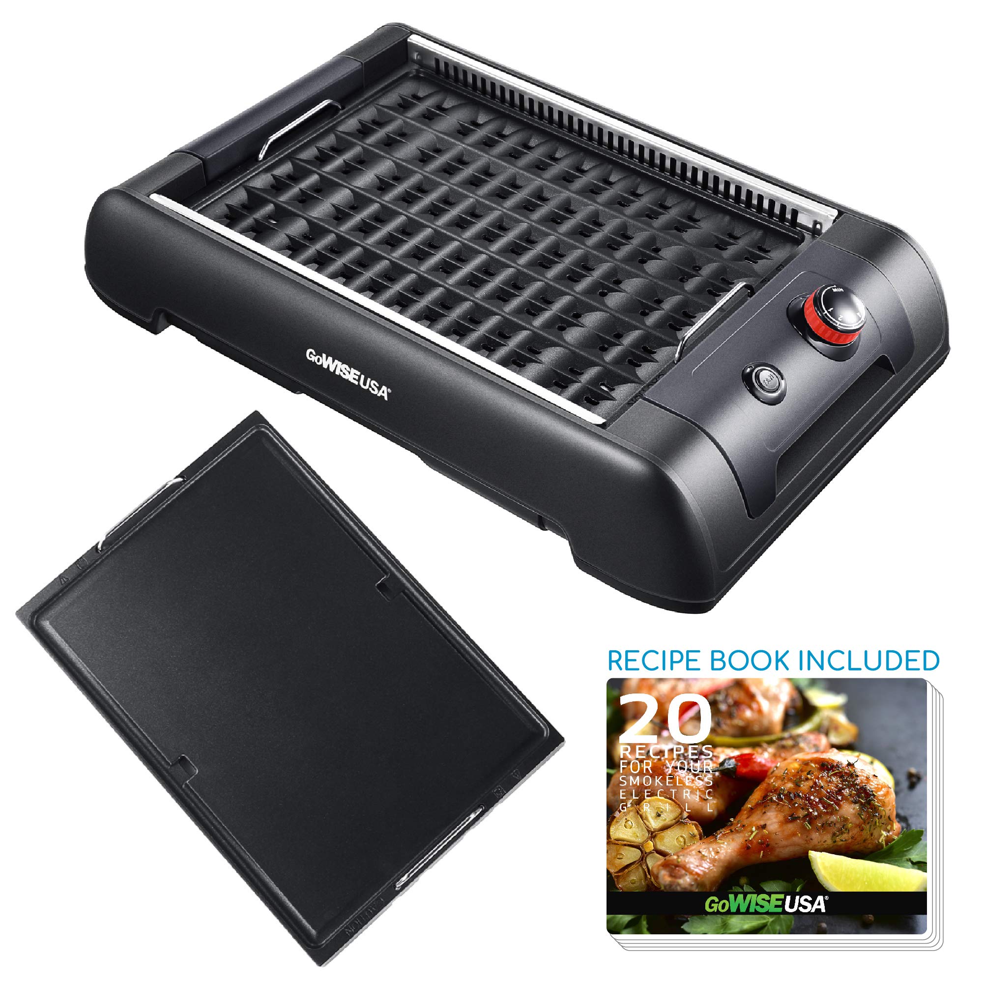GW88000 2-in-1 Smokeless Indoor Grill and Griddle with Interchangeable Plates and Removable Drip Pan + 20 Recipes (Black), Large