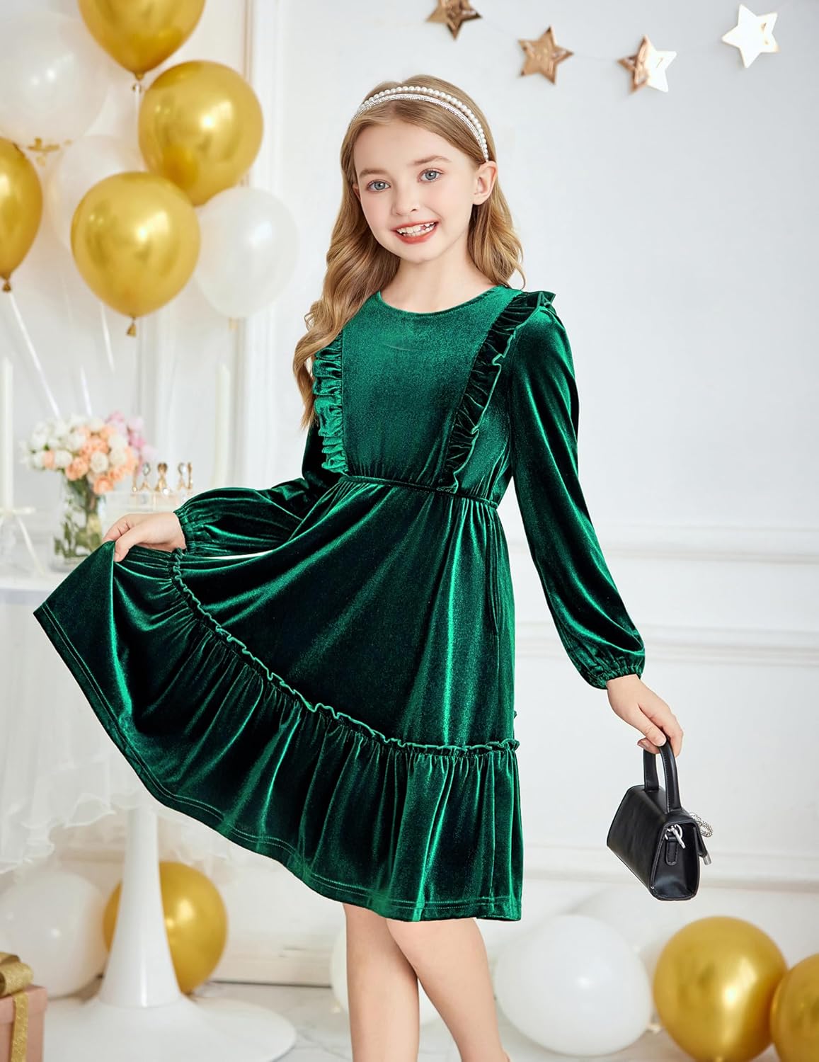 Arshiner Girls Dress Long Sleeve Ruffled Hem Casual Velvet Dress with Pockets 5-14 Years - Image 2