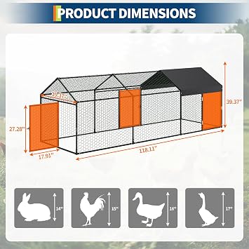 Metal Chicken Coop, 120 x40 x40 Large Chicken Run with 3 Doors, Outdoor Hen House for Yard with Waterproof and Anti-UV Cover, Walk in Poultry Cage for Rabbit Duck Goose, Black
