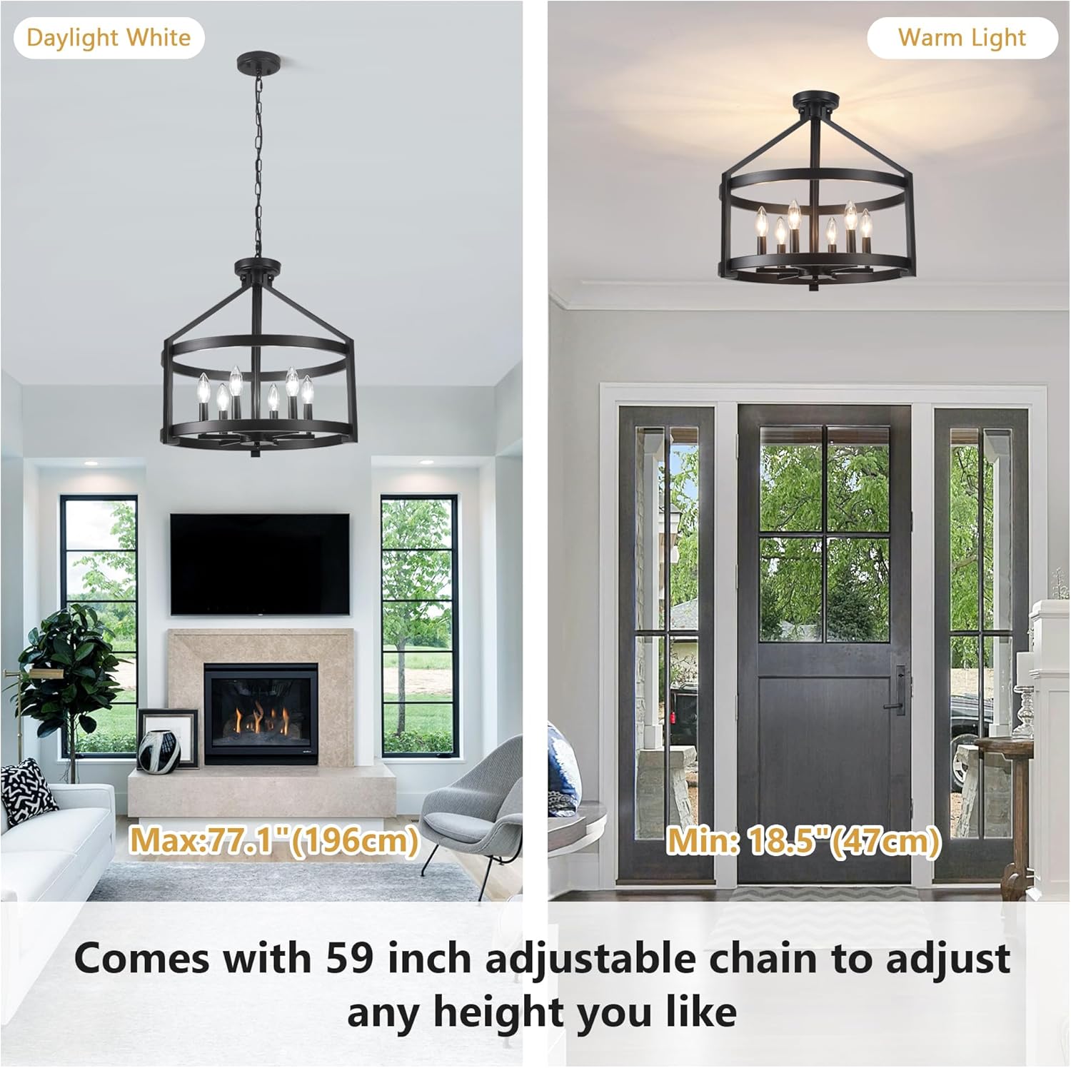6-Light Large Farmhouse Black Chandelier, 20" Modern Hanging Pendant Lighting, Convertible Semi Flush Mount Ceiling Light Fixture Rustic Vintage Chandeliers for Dining Room Foyer Kitchen Entryway