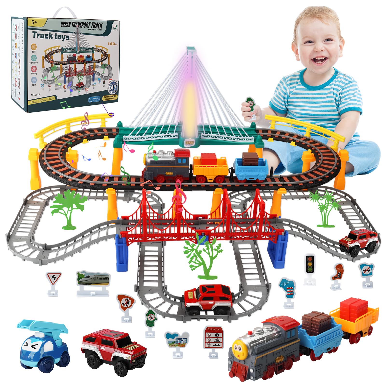Circuit Voiture,Circuit Train Electrique,141 Pièces Ensemble Train Enfant,Petit Electrique avec Voitur et Voies Ferrées,Sons et Lumières,Jouet de Cadeau Éducatif Garçons