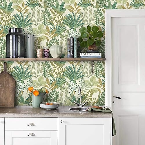 Vista 82 de Ismoon Papel tapiz verde para despegar y pegar, diseño bohemio floral y hojas en papel adhesivo grueso, papel adhesivo botánico oscuro, extraíble