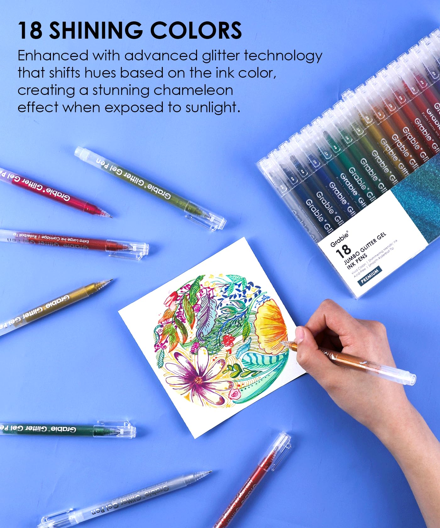 Grabie Jumbo Glitzer Gelschreiber Set, 18 Farben mit 800% mehr Tinte, Glitzerstifte für Malbücher & DIY-Projekte, 1,0 mm Rollerball für sanften Tintenfluss, Shimmering Metallic-Effekt