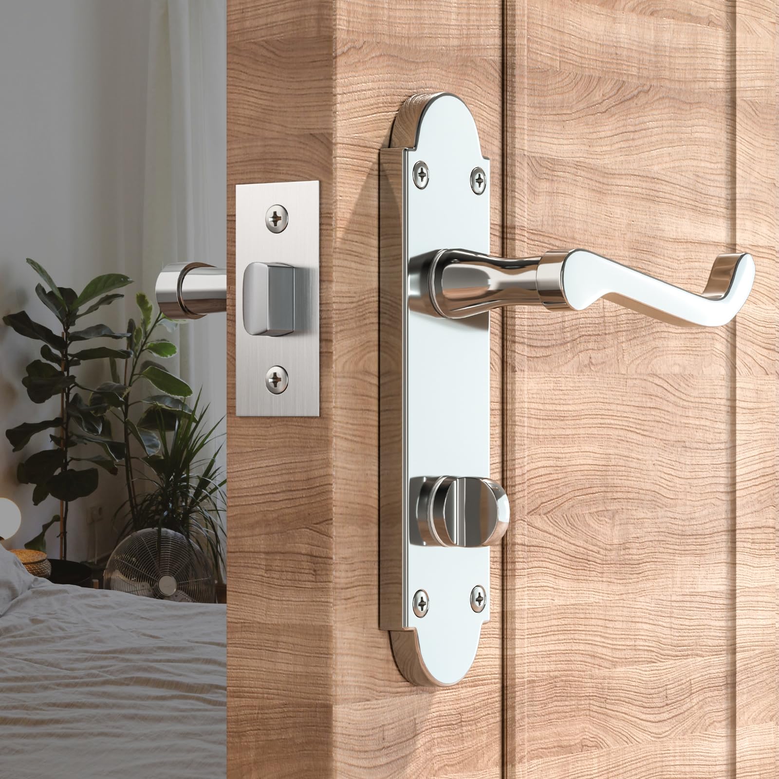 Bwintech 3 Sets Polished Chrome Richmond Lever on Plate, Latch Furniture, Backplate Door Handles, with Bathroom knob - Image 4