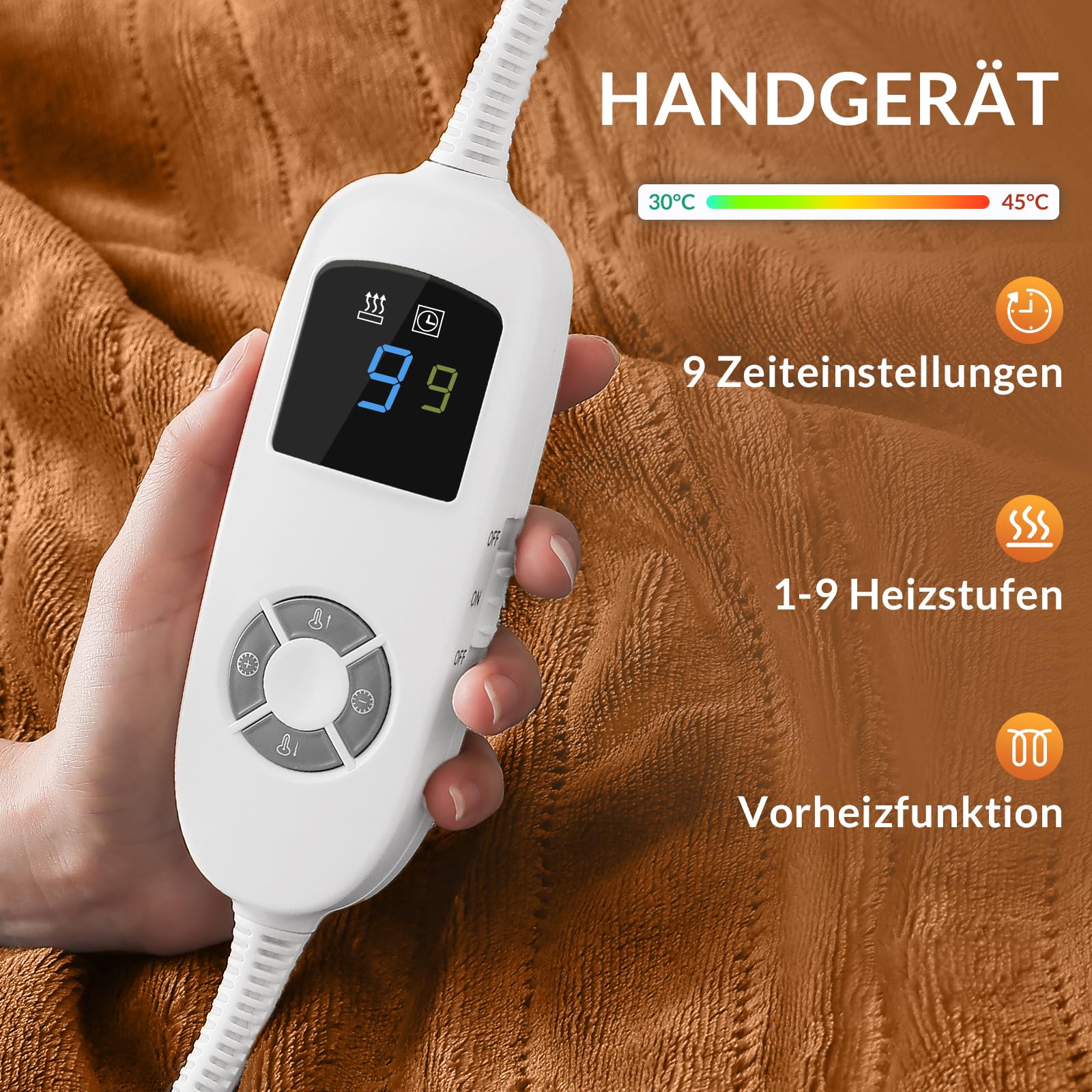 HOMLYNS Elektrische Heizdecke mit Abschaltautomatik - 180×130cm Flanell & Sherpa - Wärmedecke Heizdecke, 9 Temperaturstufen & 9 Stunden Zeiteinstellungen, Auto-Off & LED-Anzeige, Waschmaschine, Braun