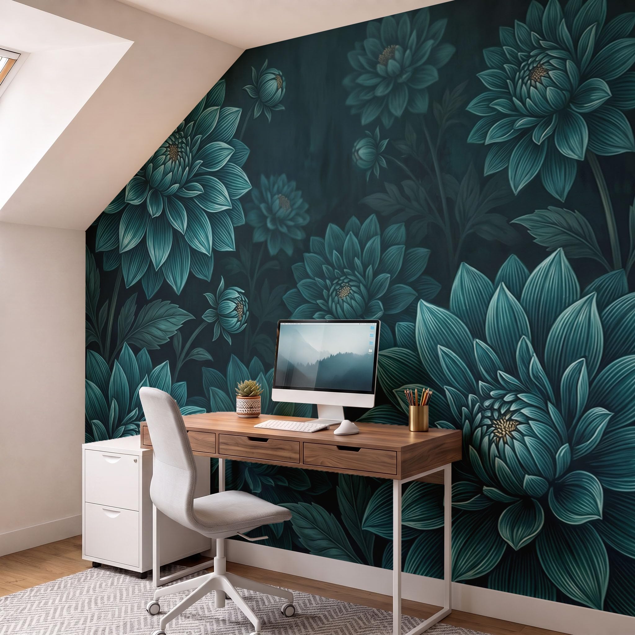 Papier Peint Panoramique 400X280Cm Paysage Mystérieux De Dahlias | Cyan Foncé Papier Peint Intissé Tapisserie Poster Décoration Murale Pour Salon Chambre - Plantes Rétro 3D