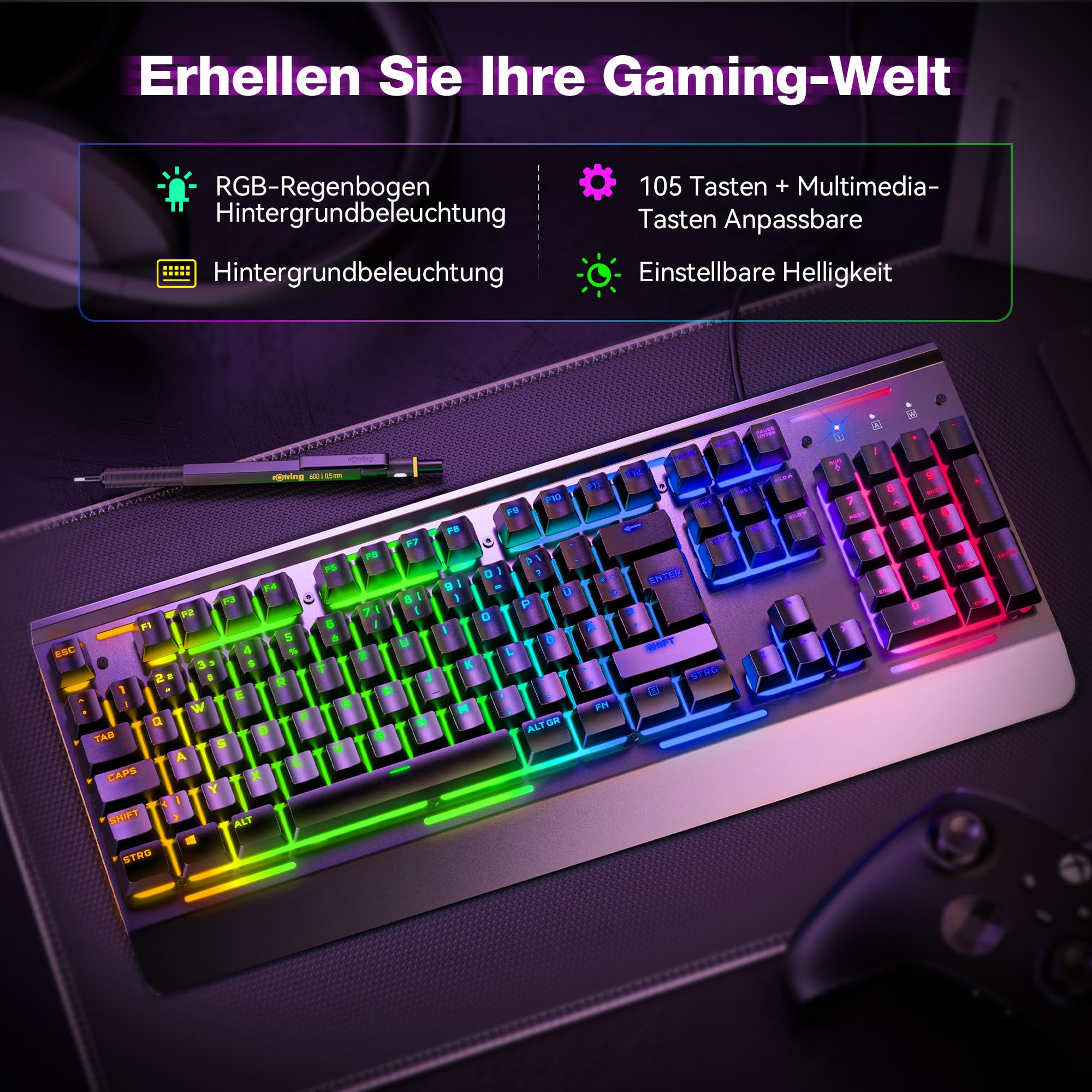 TECKNET RGB Gaming Tastatur mit Vollmetall-Gehäuse, Membrantastatur [Deutsches Layout] 105 Tasten, ergonomische Handgelenkauflage, 25 Tasten Anti-Ghosting, 15 RGB-Modi für PC, Laptop & Office