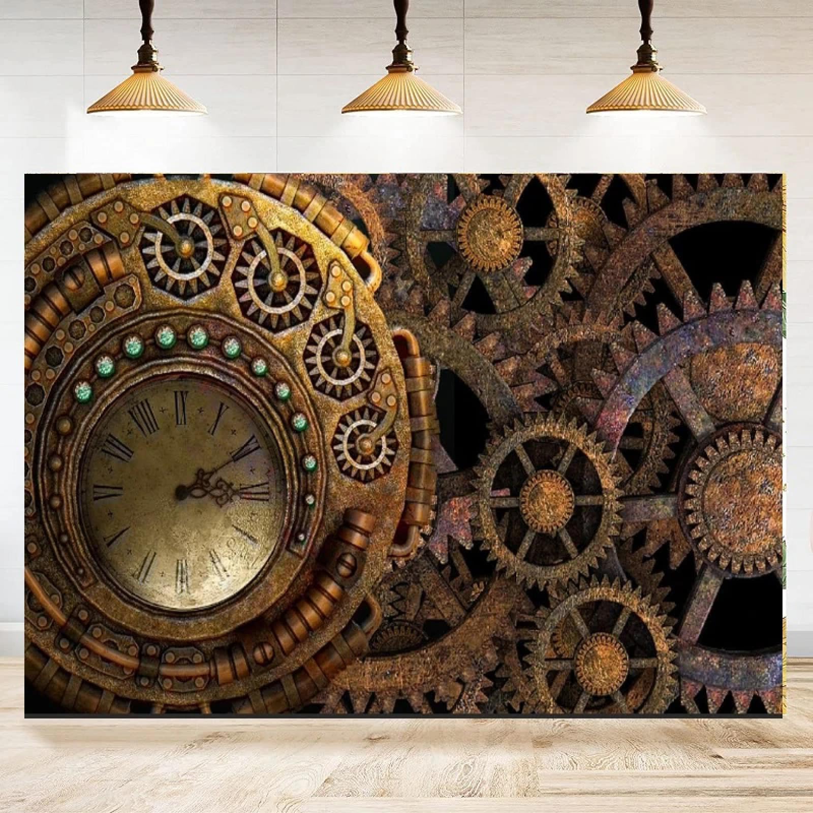 Fotografie Hintergrund Retro Alte Uhr Vintage Zahnräder Hintergrund Rostige Dampfmaschine Nostalgie Party Dekor Poster 350x240CM