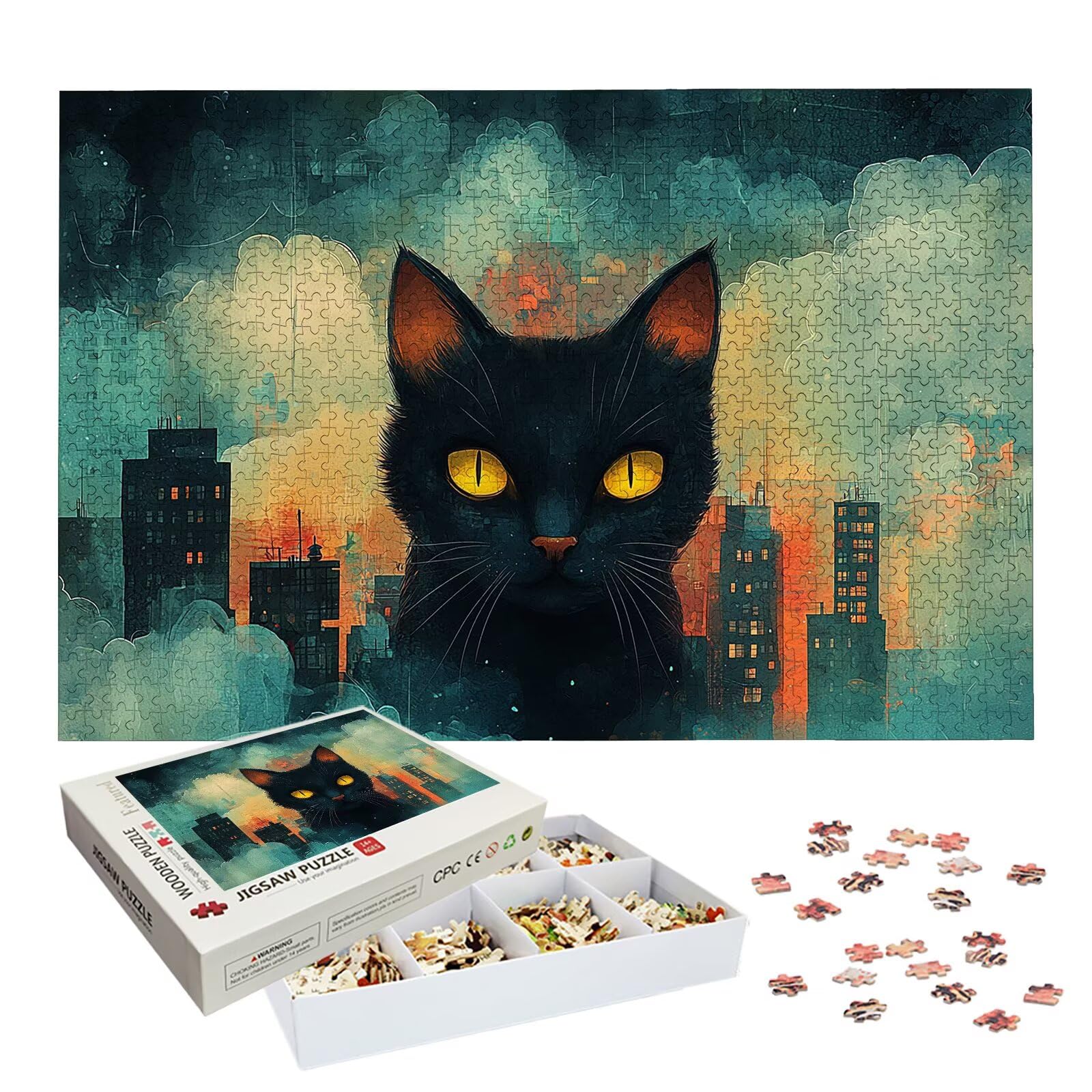 Puzzle 1500 Pièces Chat, Puzzle 1500 Pièces Adultes et Enfants, Puzzles Bois avec Une Boîte d'emballage Exquise, Jeu Éducatif Puzzles Ville, Decoration Maison, Cadeau Femme, Cadeau Homme, -7413