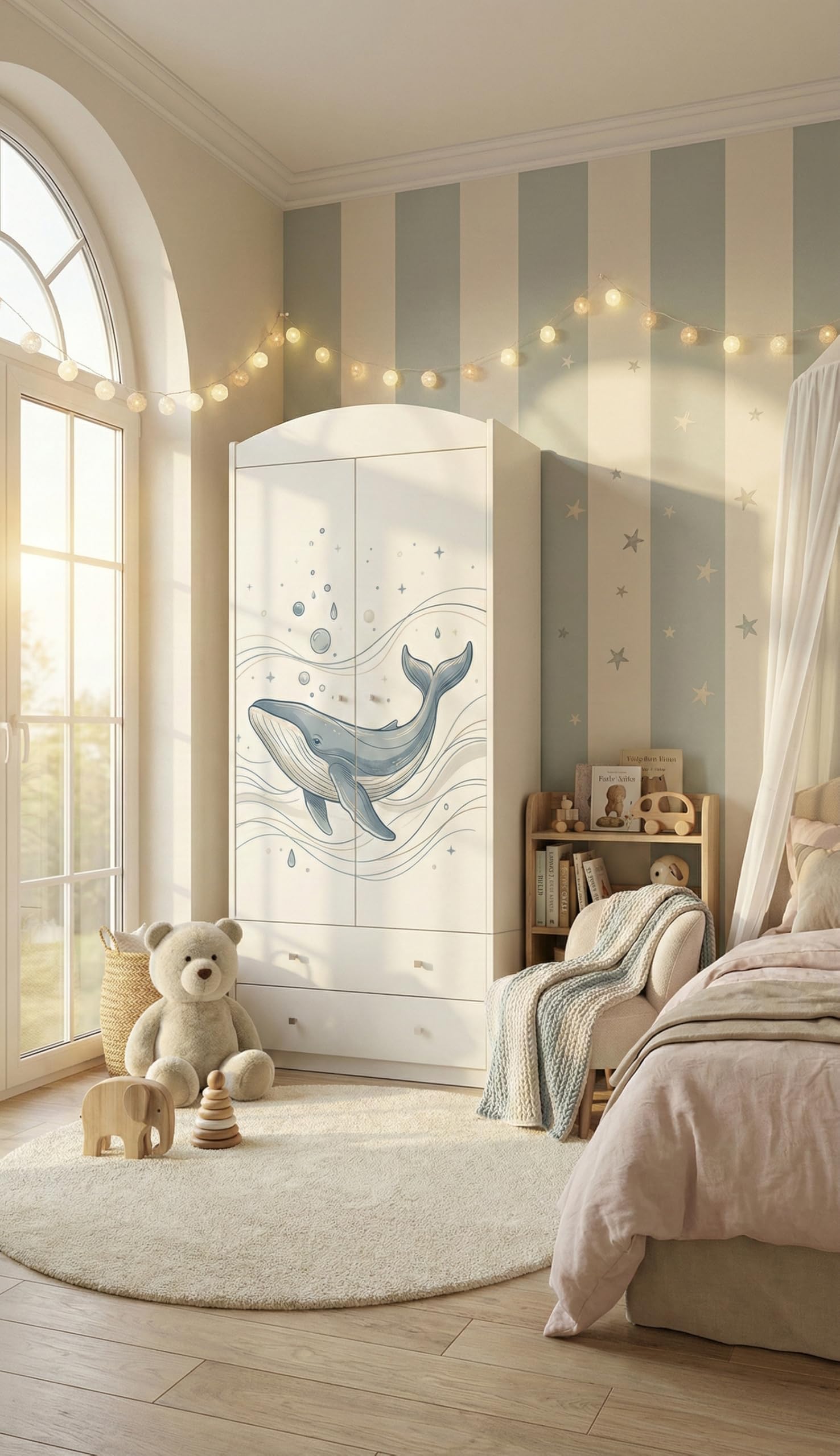 Happy Babies Armario infantil con diseño encantador, armario de 2 puertas para habitación infantil, incluye 2 cajones, barra para colgar ropa y estantes, color blanco (88 x 187 x 54 cm) (nr 388)
