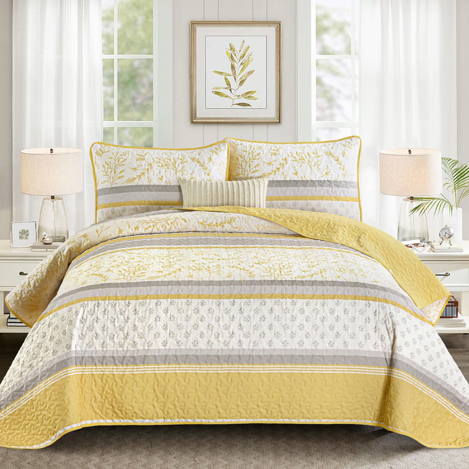 djy striped quilt set queen size, yellow grey boho striped patchwork leaves printed bedspread coverlet set 3 pieces soft lightweight microfiber quilted bedding set for all season (96"x90")