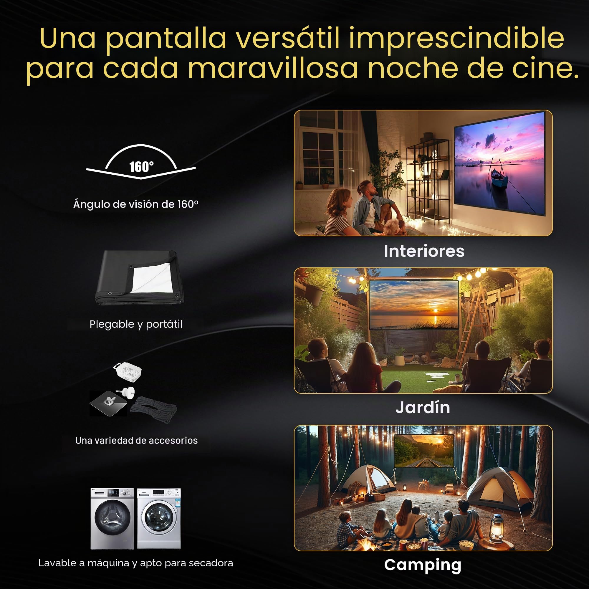 Pantalla de proyector portátil mejorada 2024, parte trasera negra, bordes rectos 84-A, plegable, lavable y sin arrugas, para cine en casa en interiores y cine al aire libre, 84 pulgadas, blanco 16:9
