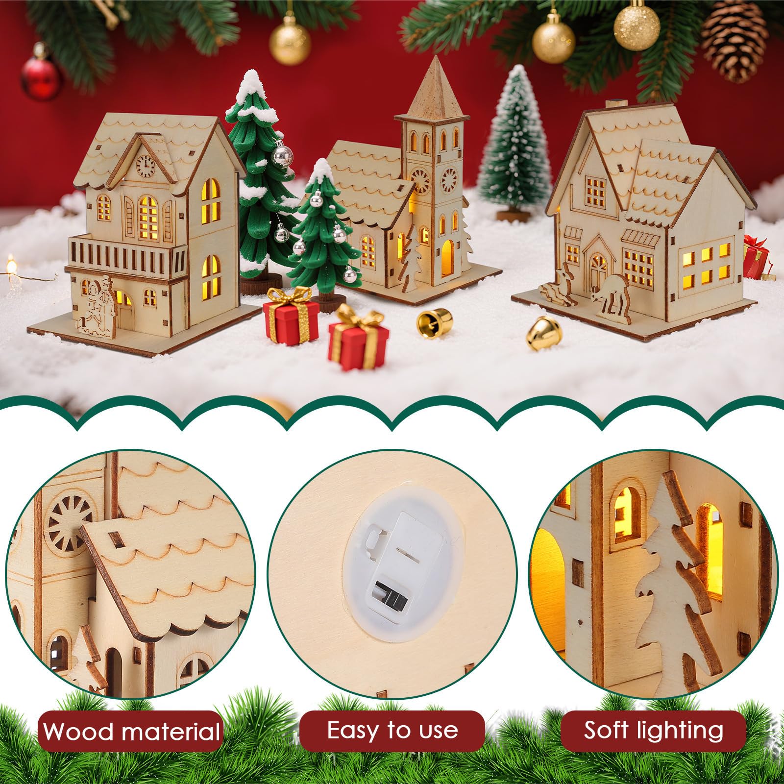 Artibetter 3 Piezas Adorno y Estructura Detallada de Madera Diseño Luminoso Navideño para Adorno de Escritorio y Fiestas de Navidad