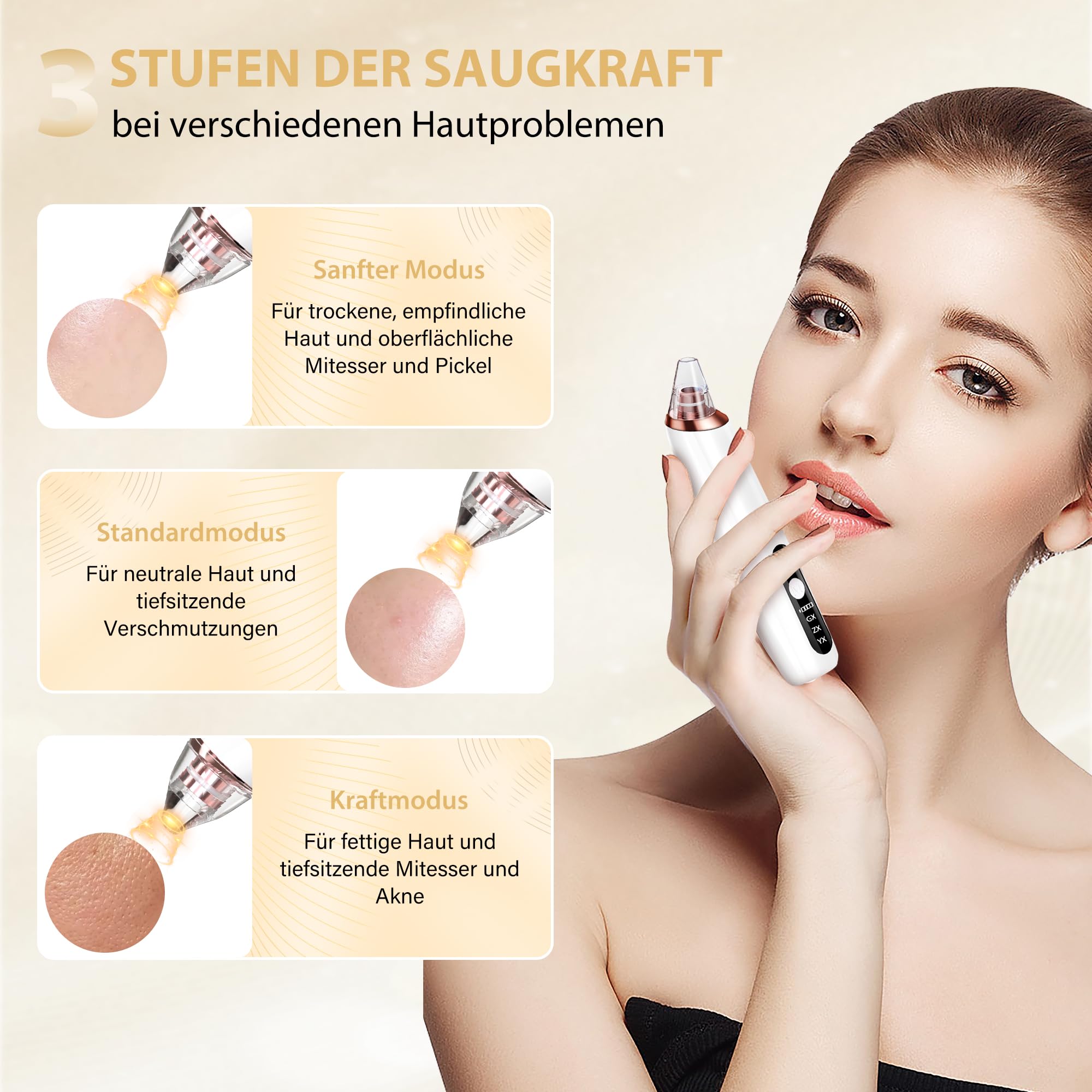 Porenreiniger Gesicht Mitesserentfernung, Porensauger Gesicht Mitesser Entferner Sauger Nase Akne Pickelsauger mit 3 Saugstufen und 6 Köpfe Blackhead Remover Pickelentferner - 3