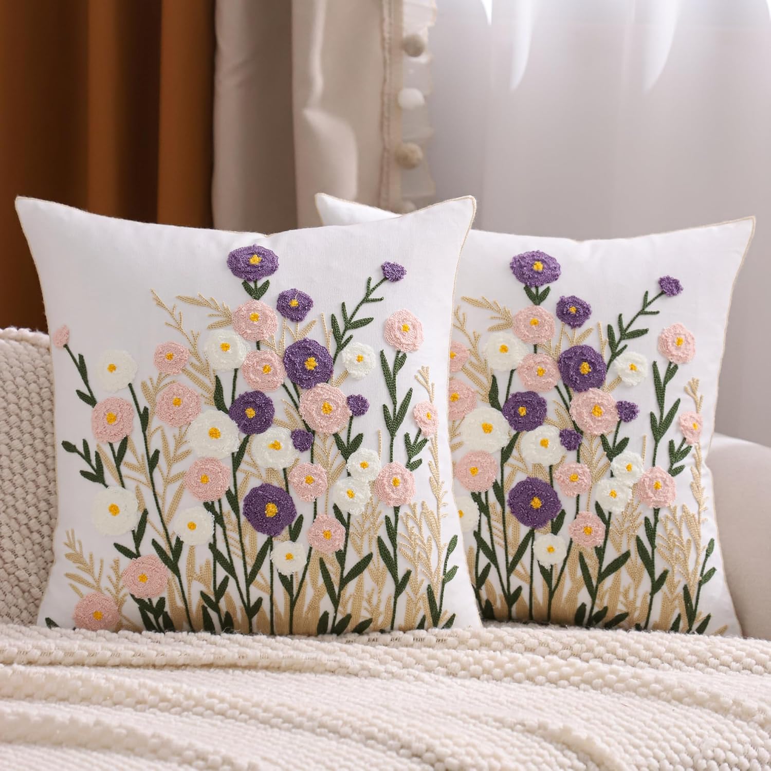 Spring Floral Pillow Covers 18x18 Inch Set of 2 Cotton Embroidery Farmhouse Throw Pillow Cover Outdoor Garden Cushion Case Summer Decorations for Home (Purple and Pink Flower,18"x18")