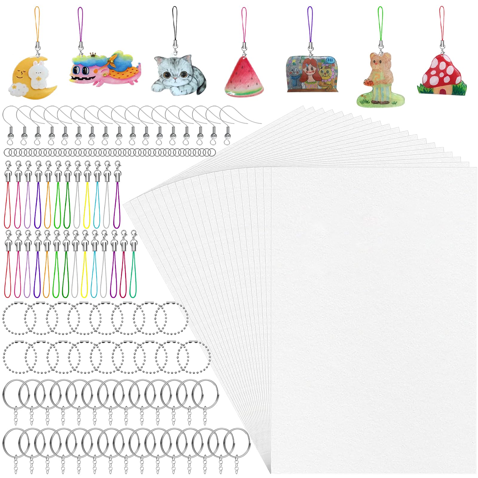 Natonhi290 Pieces Heat Shrink Plastic Sheet Kit Include 30pcs A4 Shrinky Art Paper and 120 Keychains Accessories 20 Earring Hooks, Creative Craft Homemade Shrinky Dinks and Keychain