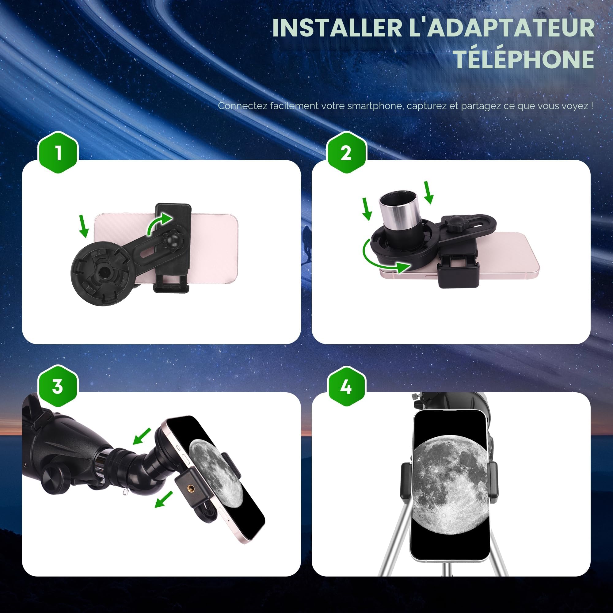 Télescope Astronomique Adulte Professionnel, 90mm Ouverture 900mm Réfracteur Portable Télescope pour Enfants et Débutants avec Trépied, Adaptateur Téléphone, Filtre Lunaire Observer la Lune