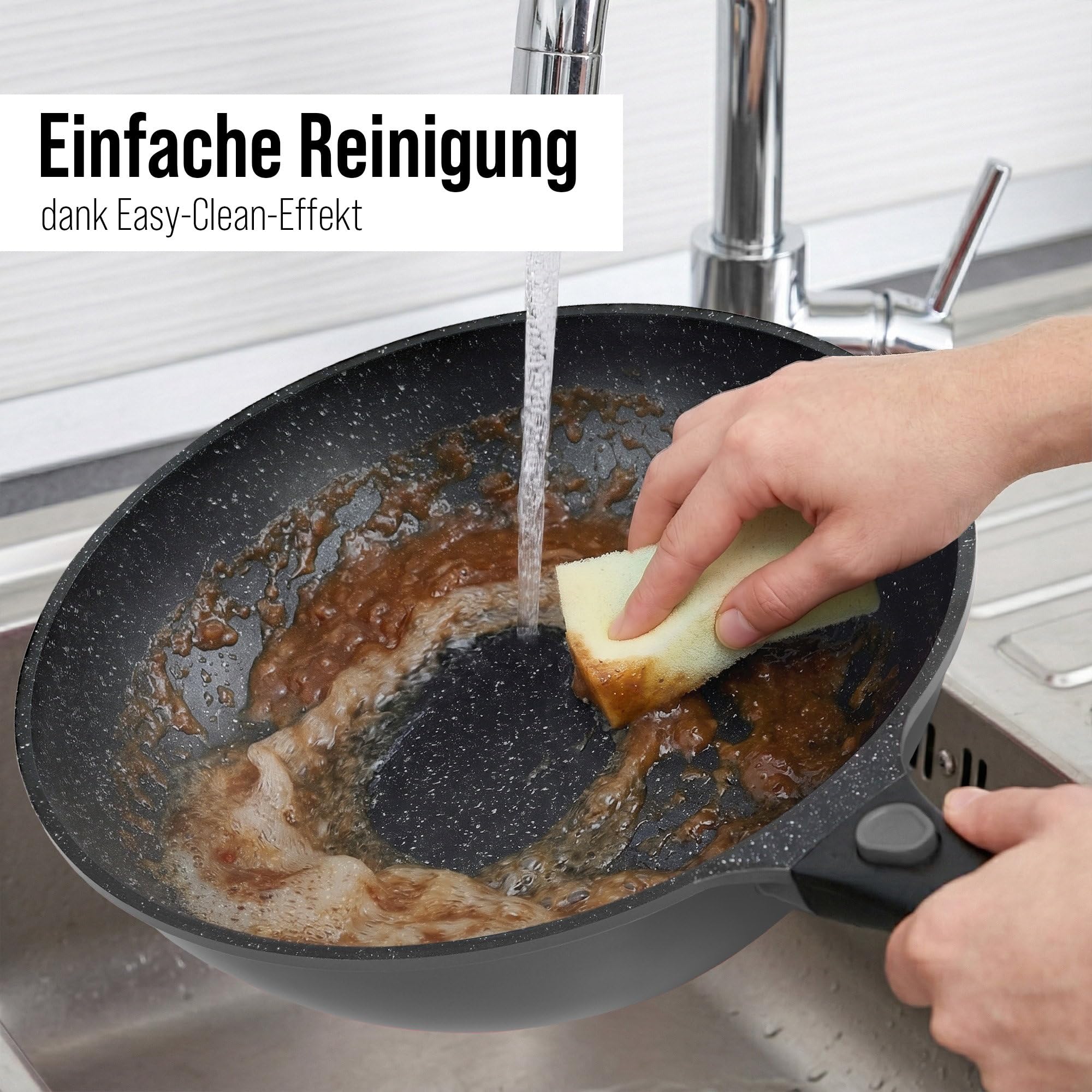 STONELINE SMART Wokpfanne 30 cm, 4,8 L ☆ REDESIGN 25/26 ☆ Große Pfanne mit Deckel, Abnehmbarem Griff, Aluguss Pfanne Induktion, Alle Herdarten, Antihaftbeschichtet mit echten Steinpartikeln, Grau