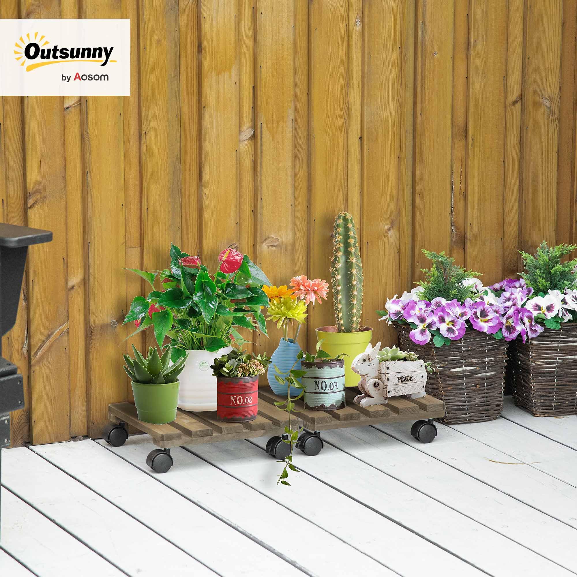 Outsunny Pack de 2 Plataformas con Ruedas de Madera 50 kg Marrón Oscuro | Soportes para Plantas con Ruedas 360 ° Giratorias Bloqueables, Bases para Macetas, Exterior, Interior, Jardín