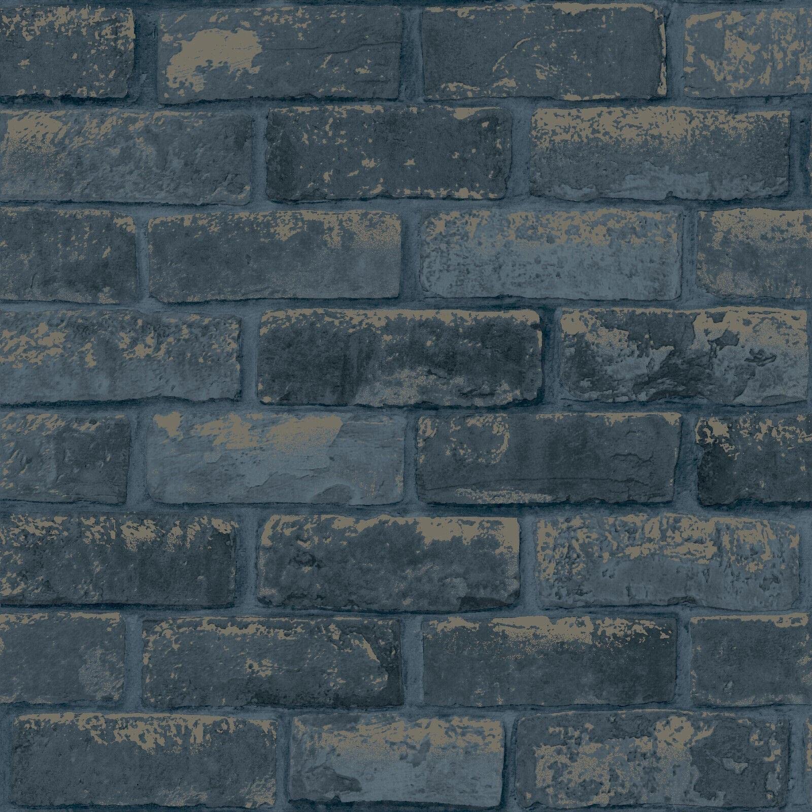 Debona 3D Effect Rustic Stone Metallic Navy Blue Brick Wall Wallpaper 6756 from B&Q