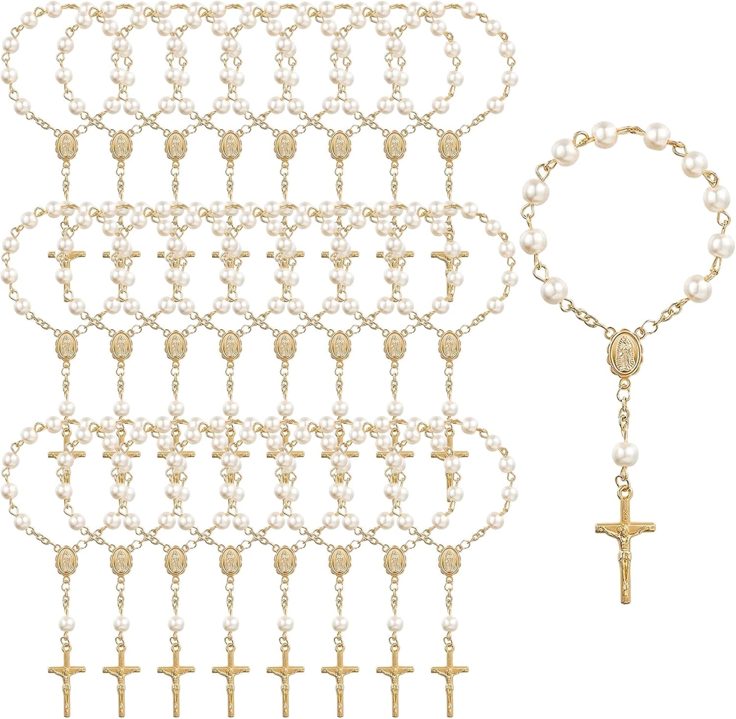 30Pcs Mini Rosary Baptism Favors Acrylic Finger Rosary Beads, Gold Plated Ivory Color Faux Pearls Baptism Party Favors Small Bracelet Packs for Christening Communion Weddings Favors