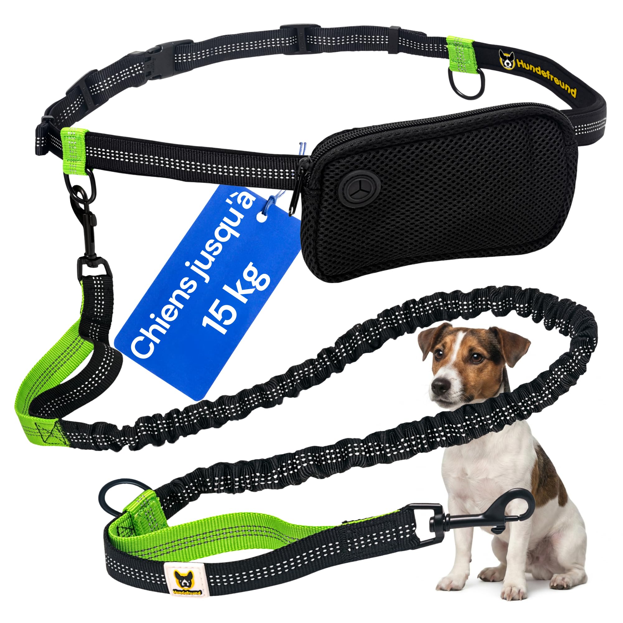 Hundefreund Laisse Mains Libres pour Petit Chien jusqu'à 15 kg – Laisse Bungee Élastique 110-160 cm pour Canicross, Course à Pied & Jogging, Ceinture Réglable 65–120 cm avec Pochette