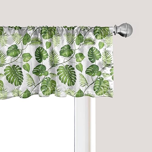 Ambesonne Cenefa de ventana de hoja, follaje de selva tropical brasileño, espirales de hiedra naturaleza, palmera, plátano, hojas, impresión