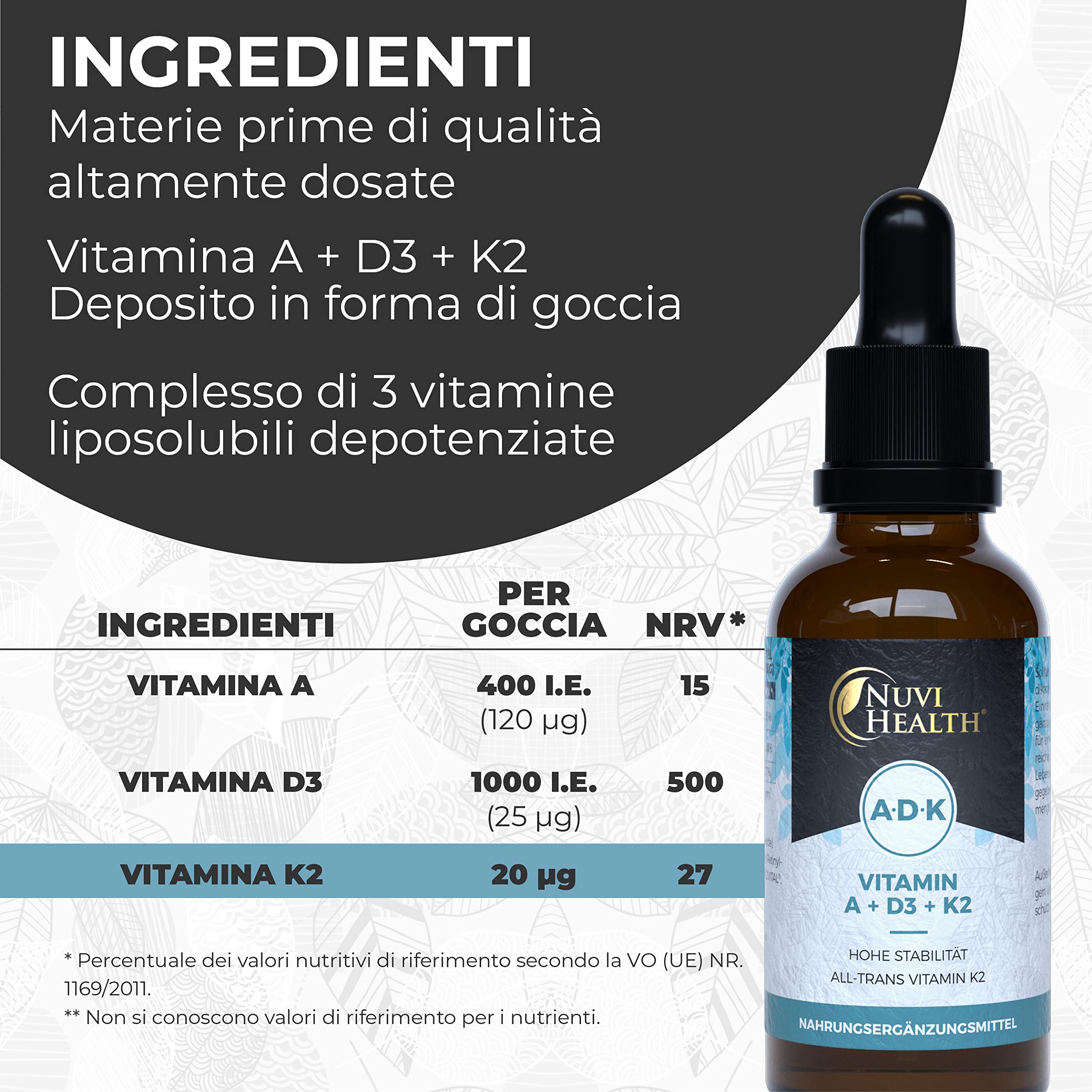 Vitamina A + D3 + K2 Drops - 50 ML - Premium: 99.7+% All-Trans (K2VITAL® by Kappa) + Vitamina D3 + A (Retinolo) altamente biodisponibile - Liquido
