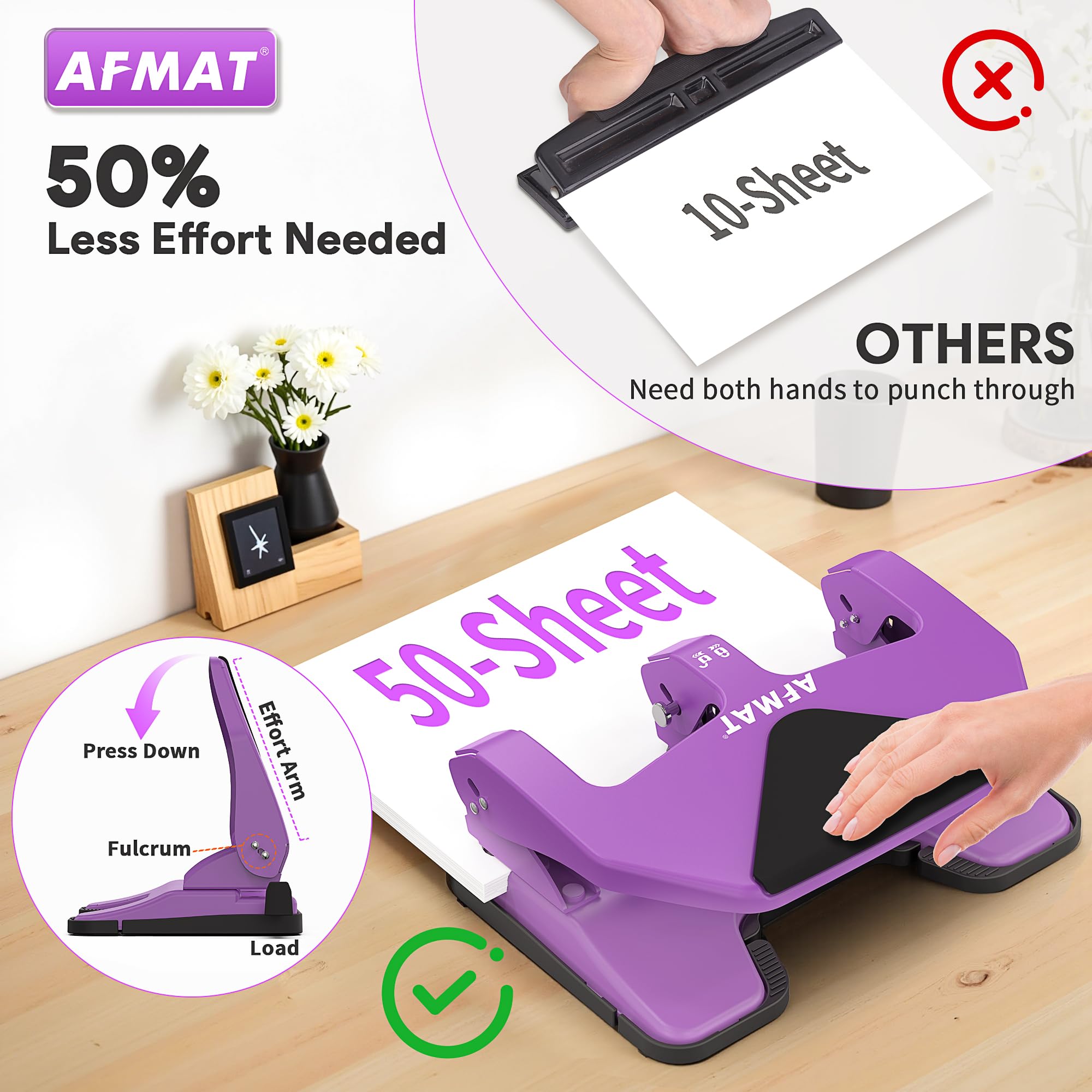 AFMAT HP20 Robuster 3-Lochstanzer, 50 Blatt Kapazität, 60 % reduzierter Aufwand, Dreilochstanzer für Ordner, 10 K + Anwendungen, große Spanablage, verstellbare Papierführung, Büro-Metall-Papierstanzer