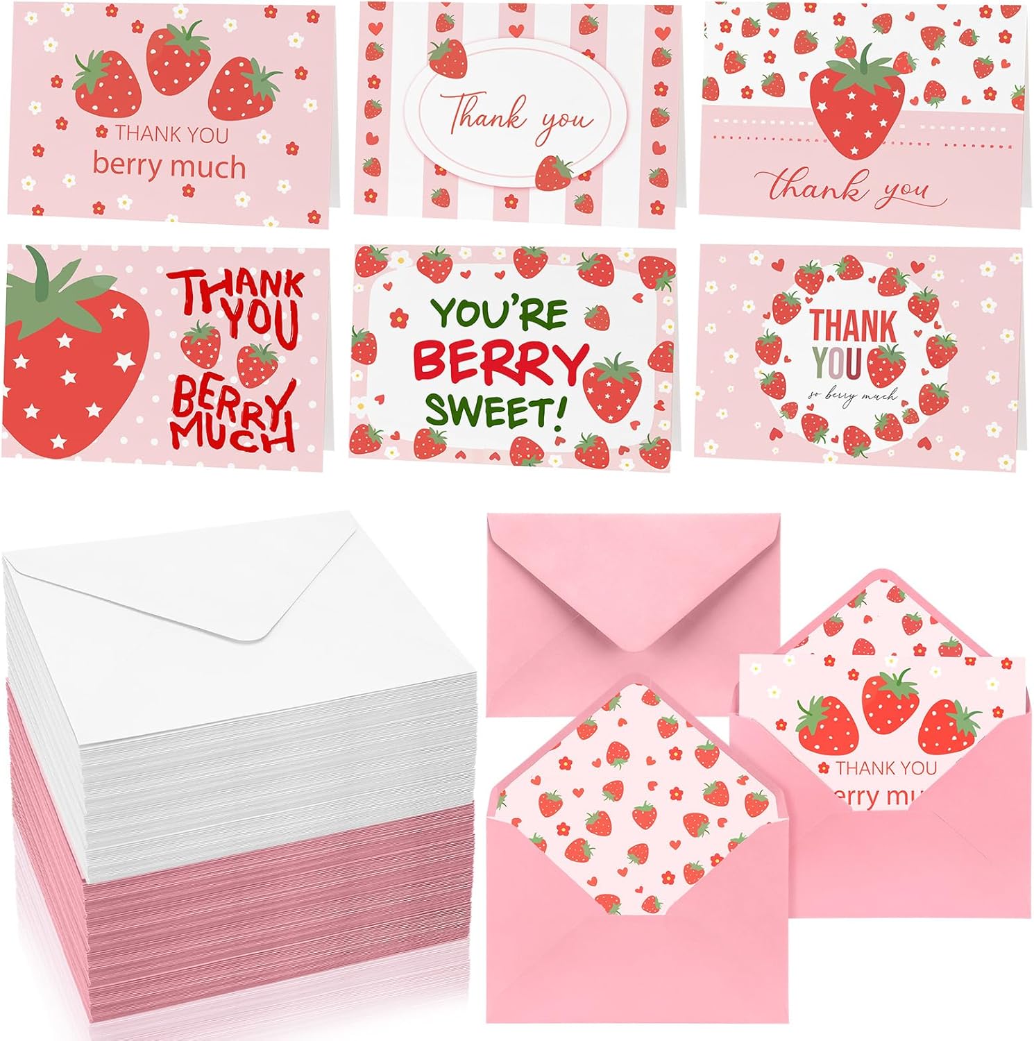 Motiskyy 60 Set Thank You Cards with Envelopes 4"x 6" Watercolor Greeting Cards Blank with Envelopes for Wedding, Baby Shower, Bridal Shower, Graduation, Teacher Appreciation Gifts(Strawberry)