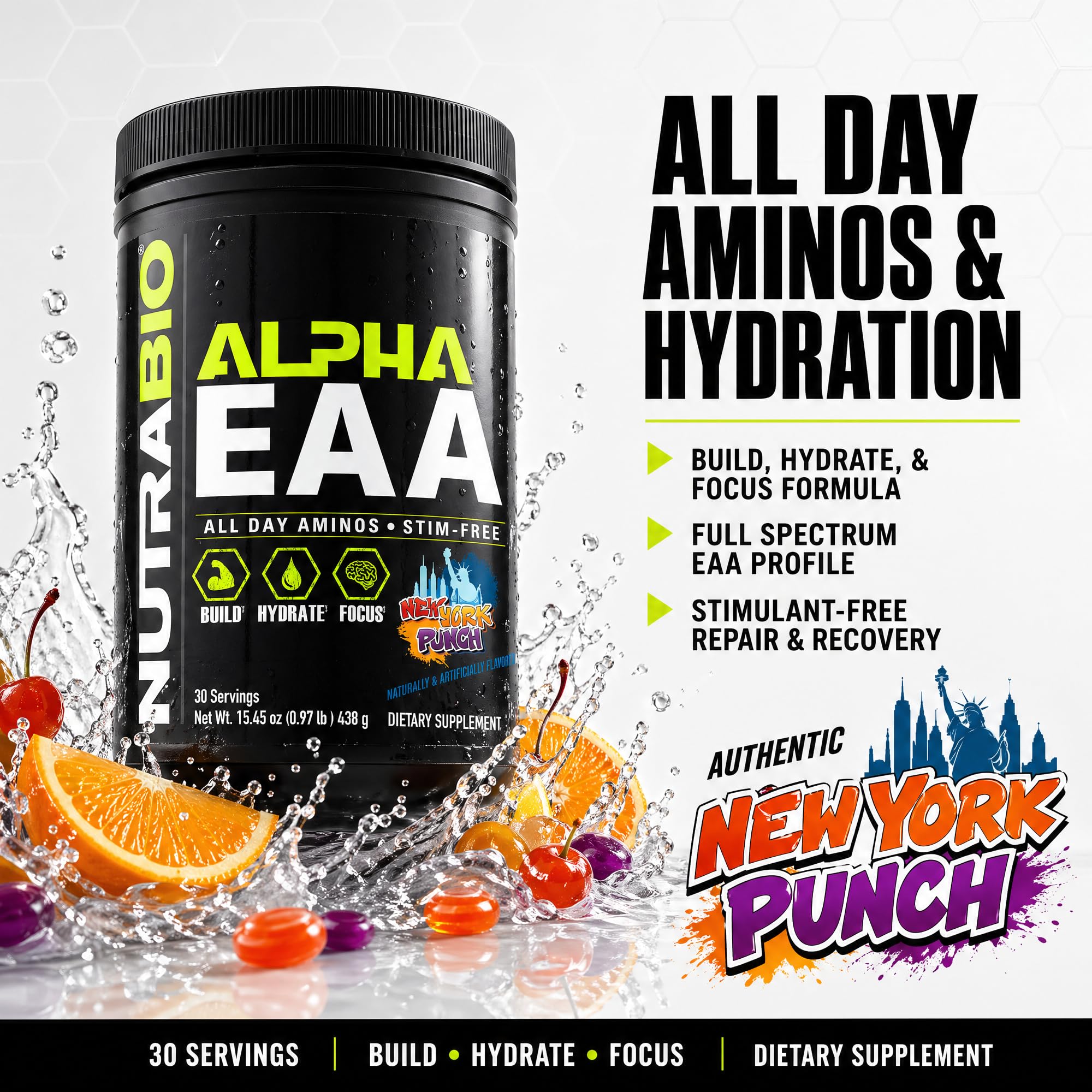 NutraBio Alpha EAA - All-Day Amino Acids for Muscle Growth and Hydration - Essential Amino Acids with Nootropics & Adaptogens- Full Spectrum EAA BCAA Powder - 30 Servings - New York Punch — Amazon image 3