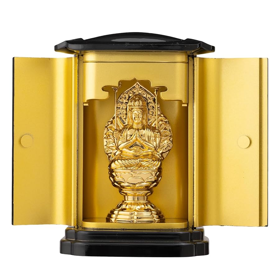 千手観音像　￼朱漆塗厨子入　木彫　彩色 千手観音 仏像（彩色仕上げ・高さ28.5cm）｜子年生まれの守本尊