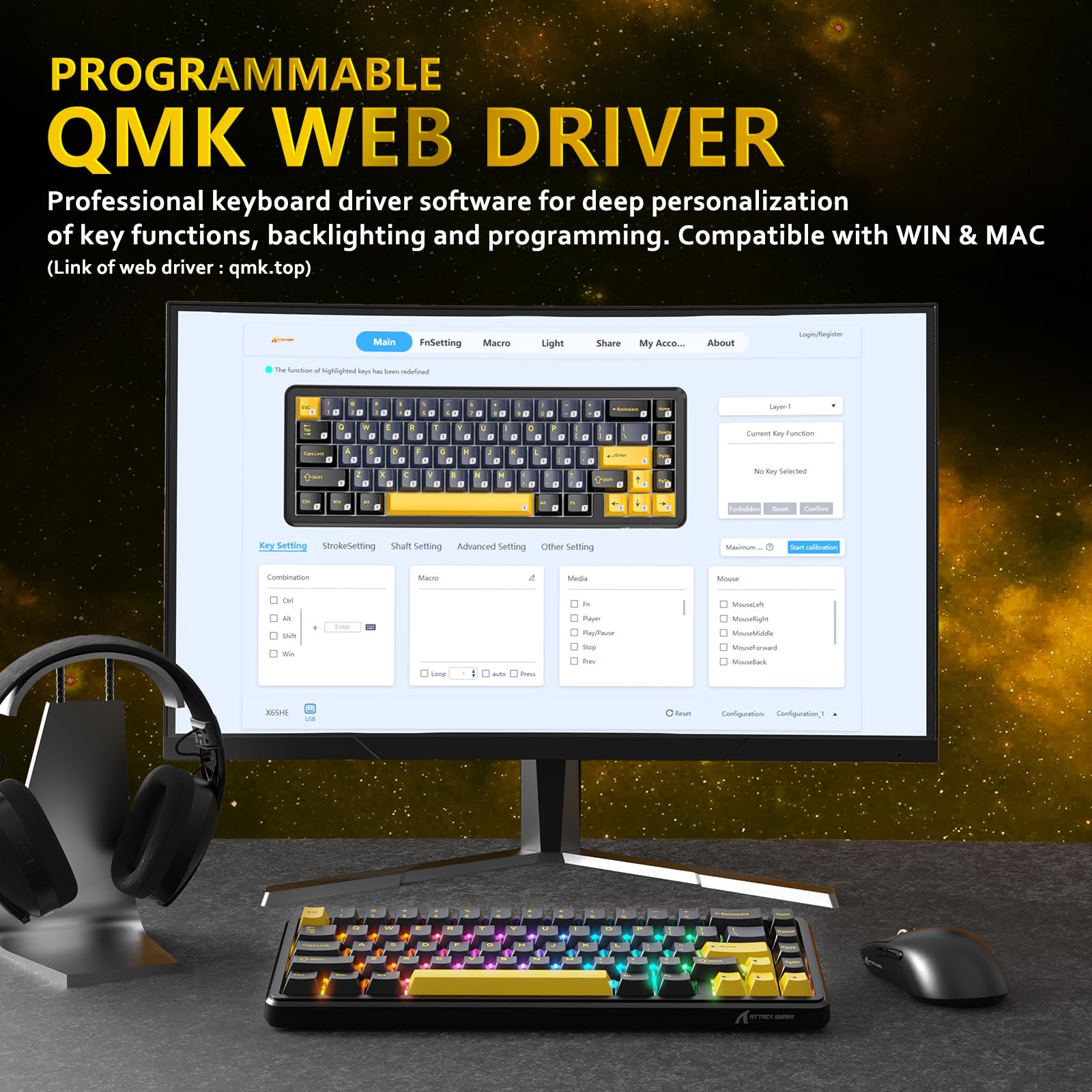 ATTACK SHARK X65 HE Teclado Gaming Interruptores Magnéticos Rapid Trigger, 65% Cableado, 8000 Hz Tasa de Sondeo, Precisión RT 0,01mm, Teclas PBT, Driver QMK, Diseño QWERTY ANSI, RGB (Negro estrellado)