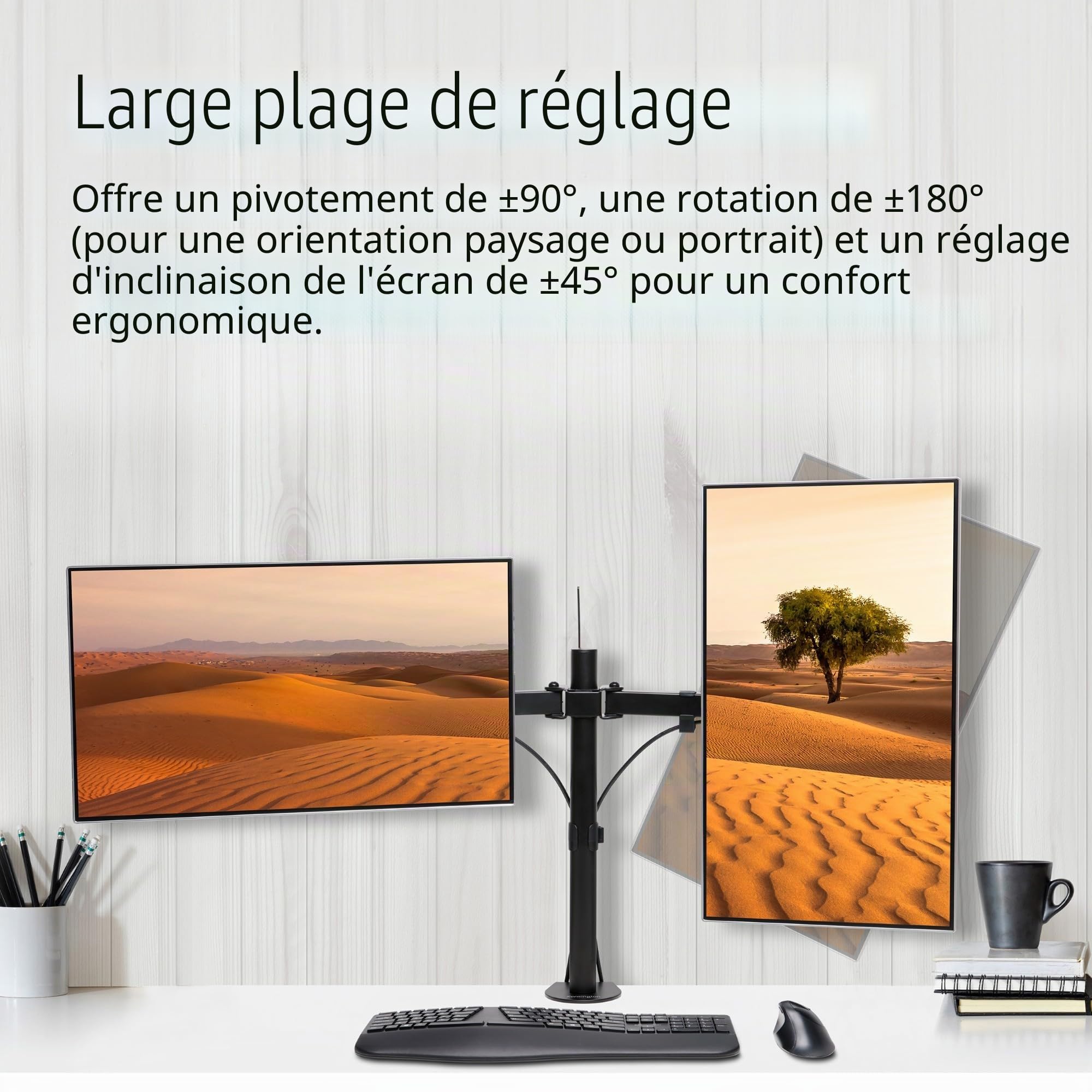 Kensington Bras pour Écran - Support Extensible pour 2 Écrans avec Ajustement de la Hauteur SmartFit Ergonomique pour Écran de PC jusqu'à 32" (K55409WW) Noir