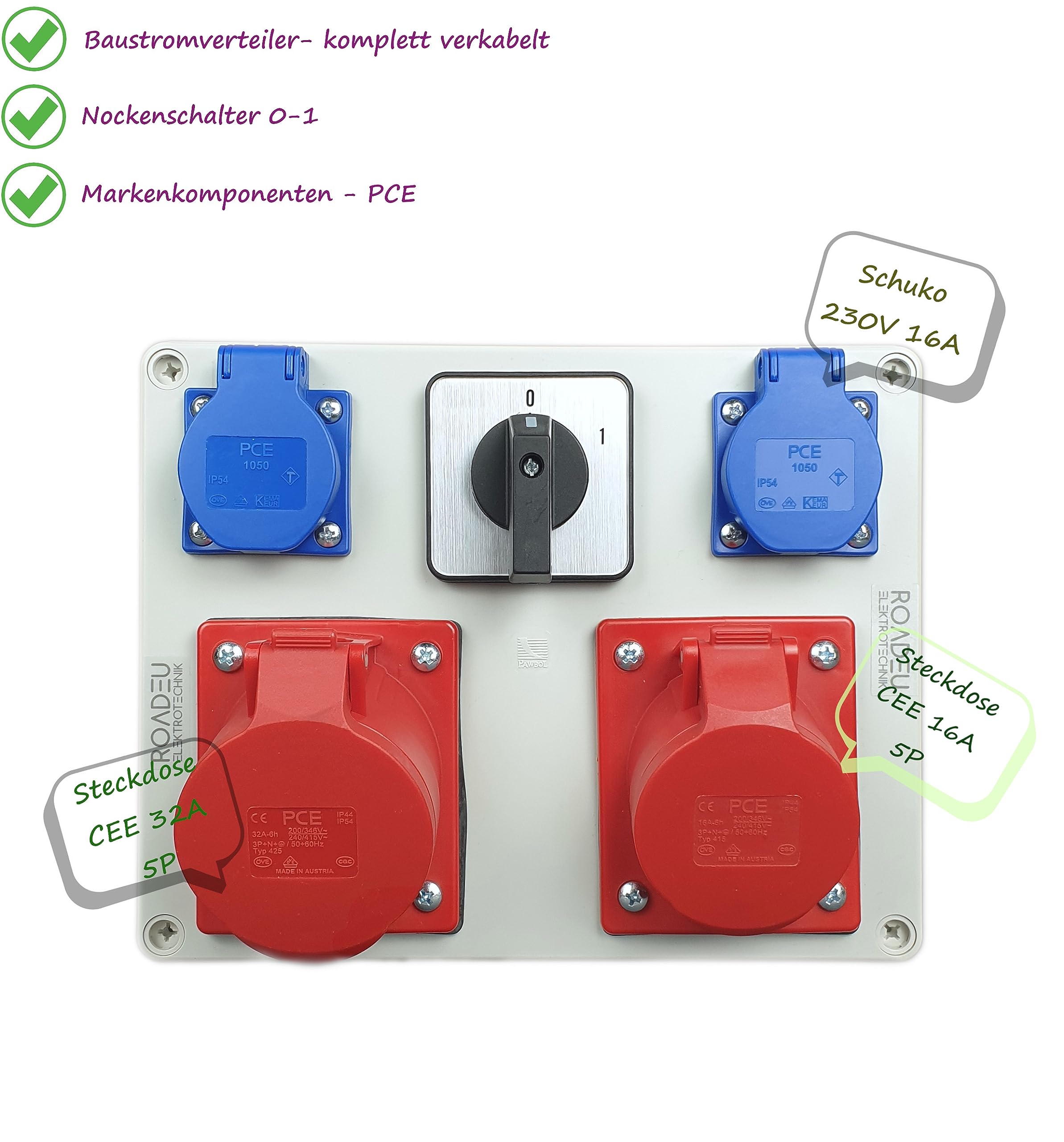 RoadEu CEE Steckdosenverteiler IP44 | 1x CEE 32A 5P + 1x CEE 16A 5P + Schuko 230V mit Hauptschalter 0-1 | Starkstrom Verteiler Aufputz, vorverdrahtet, Europäische Komponenten Dlaczego tak: