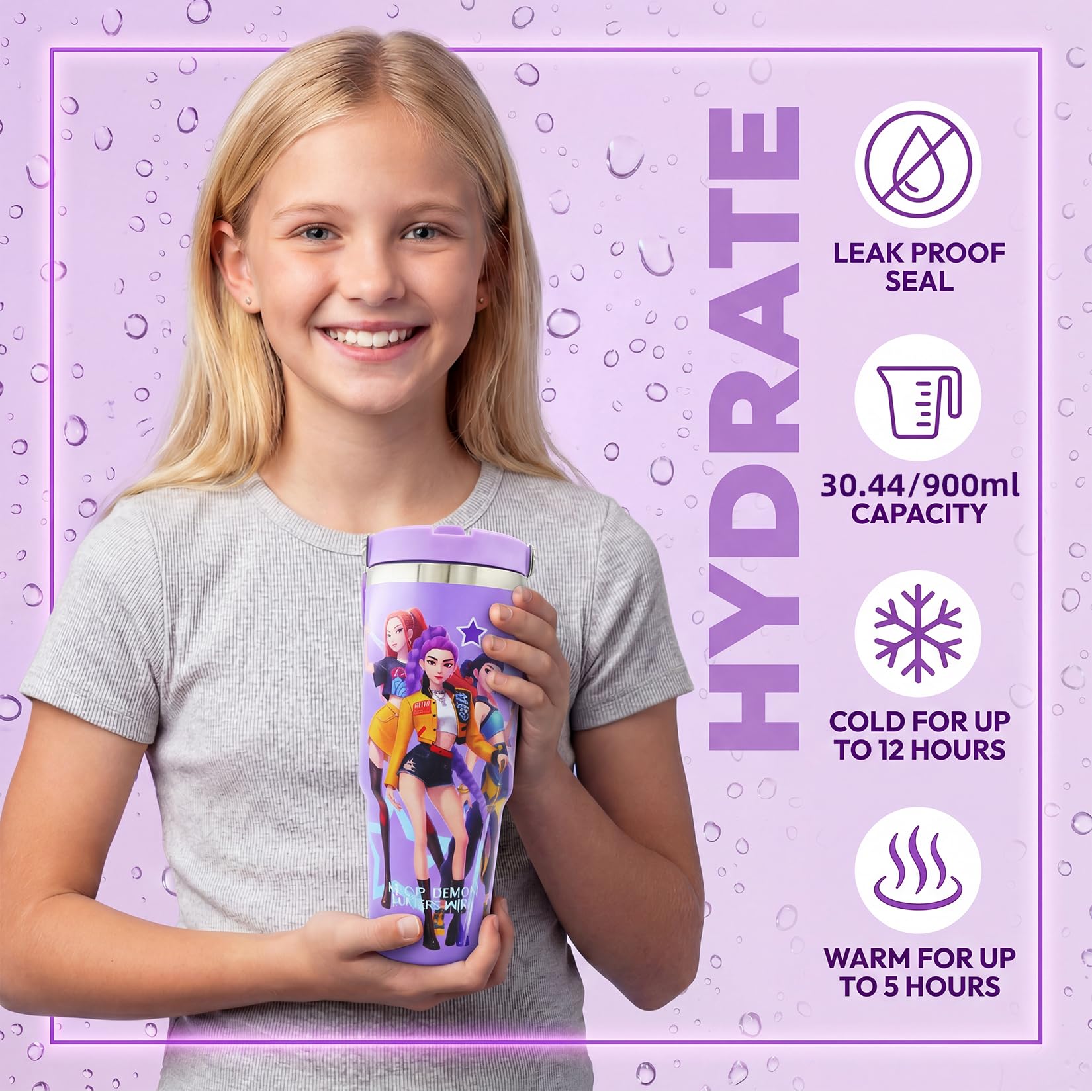 Demon Hunters 32oz Bottle Stainless Steel Drinking Bottle with Handle and Straw for Daily Hydration (Light Purple) — view 3