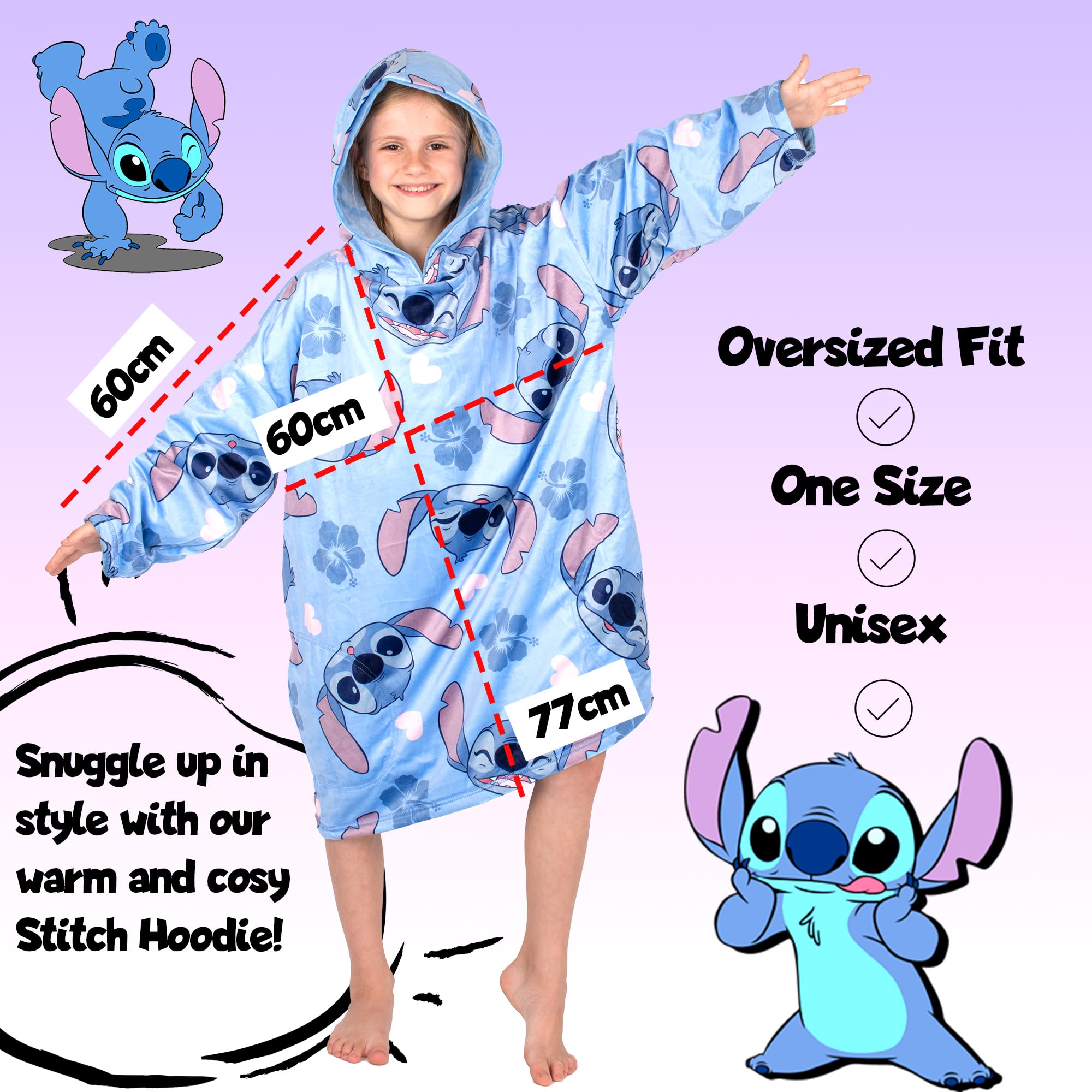 Disney Stitch - Manta reversible con capucha de gran tamaño para niños, súper suave, de doble cara, forro polar, regalo para niñas, talla única, color azul