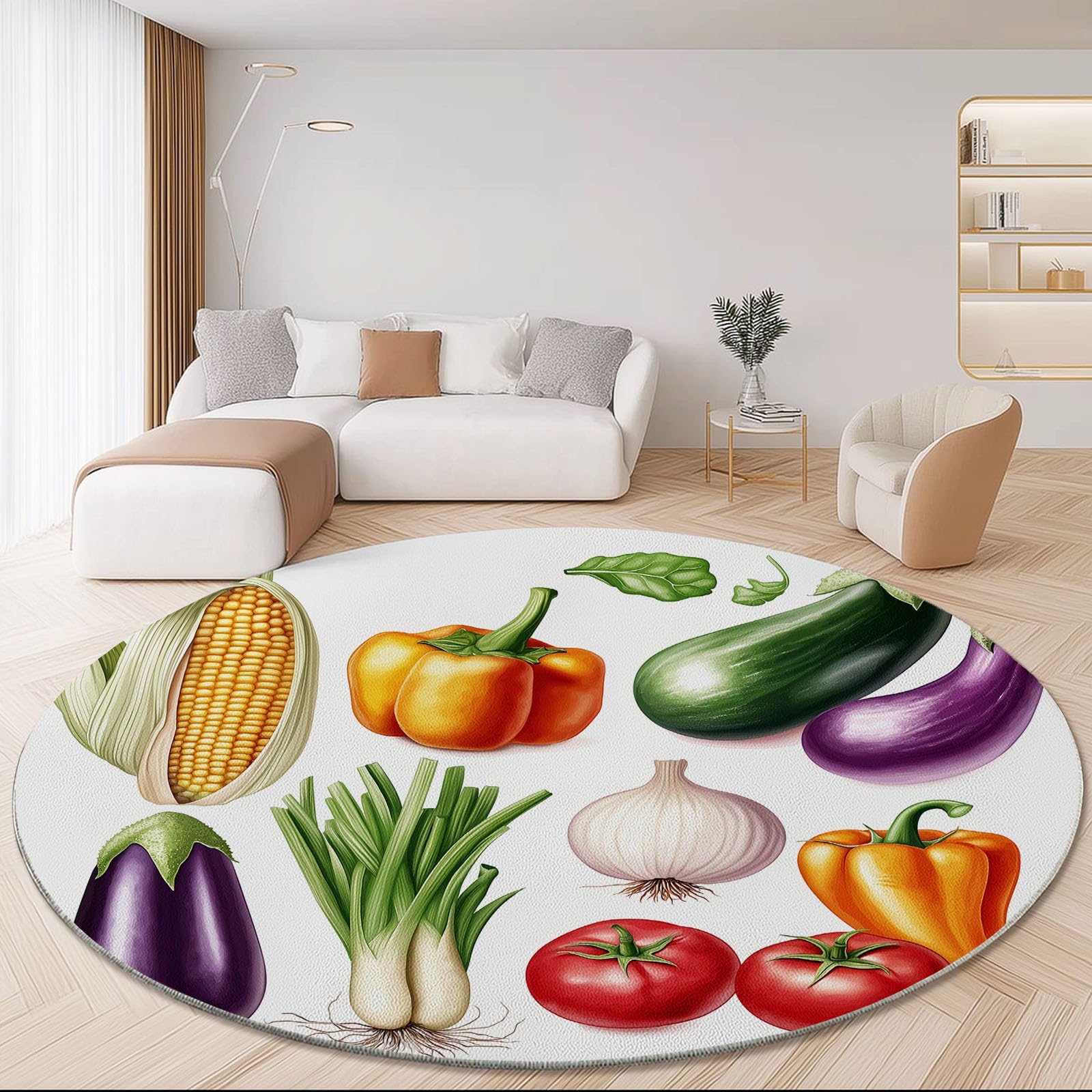 Tappeto rotondo da 245 cm, con stampa di elementi vegetali colorati e colorati, moderno, antiscivolo, in flanella, lavabile, morbido, per cameretta dei bambini, sala giochi, camera da letto