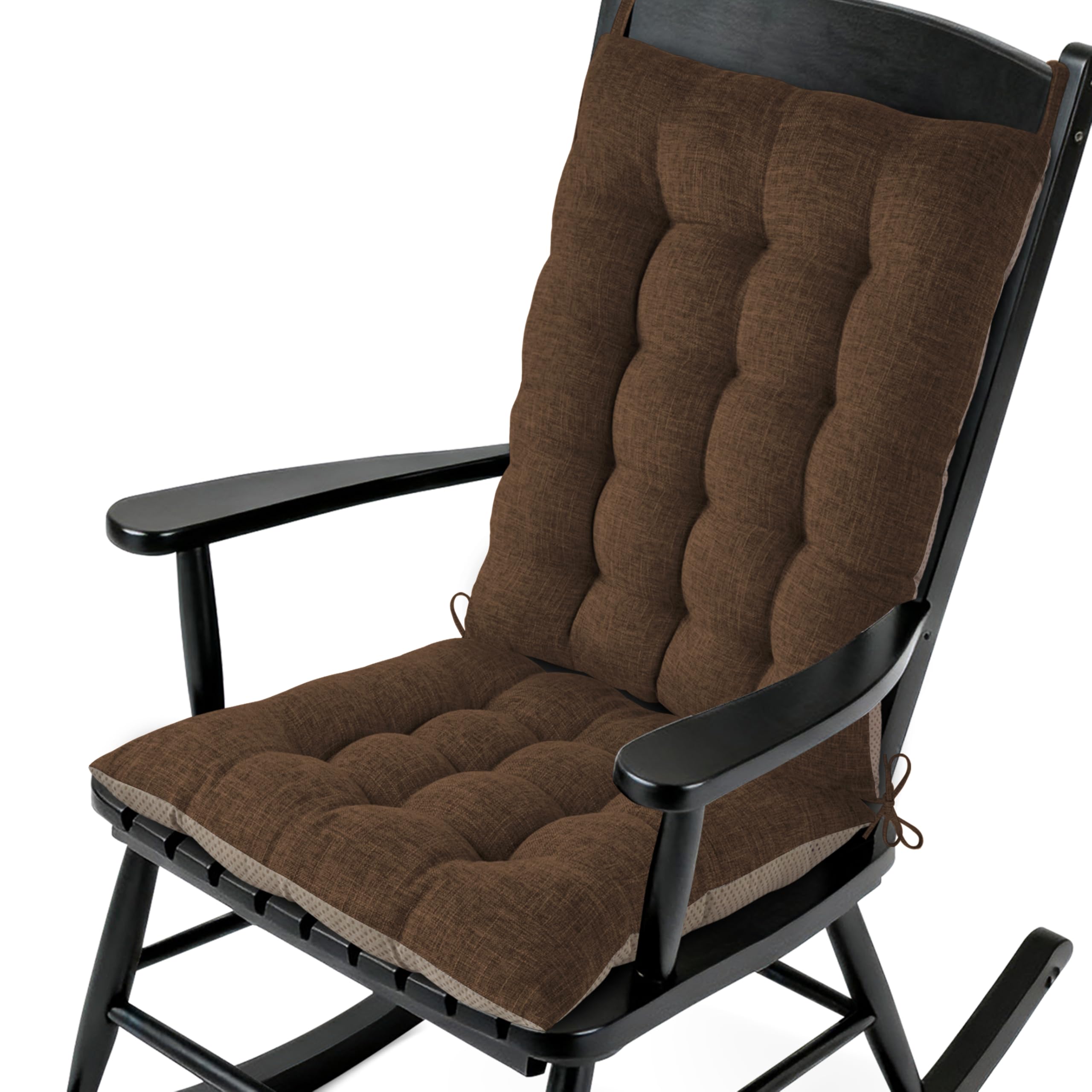AddGrace Non-Slip Rocking Chair Cushion Extra Large Linen Thick Chair Pads Durable High Back Seat Cushions with Ties Set of 2 Brown