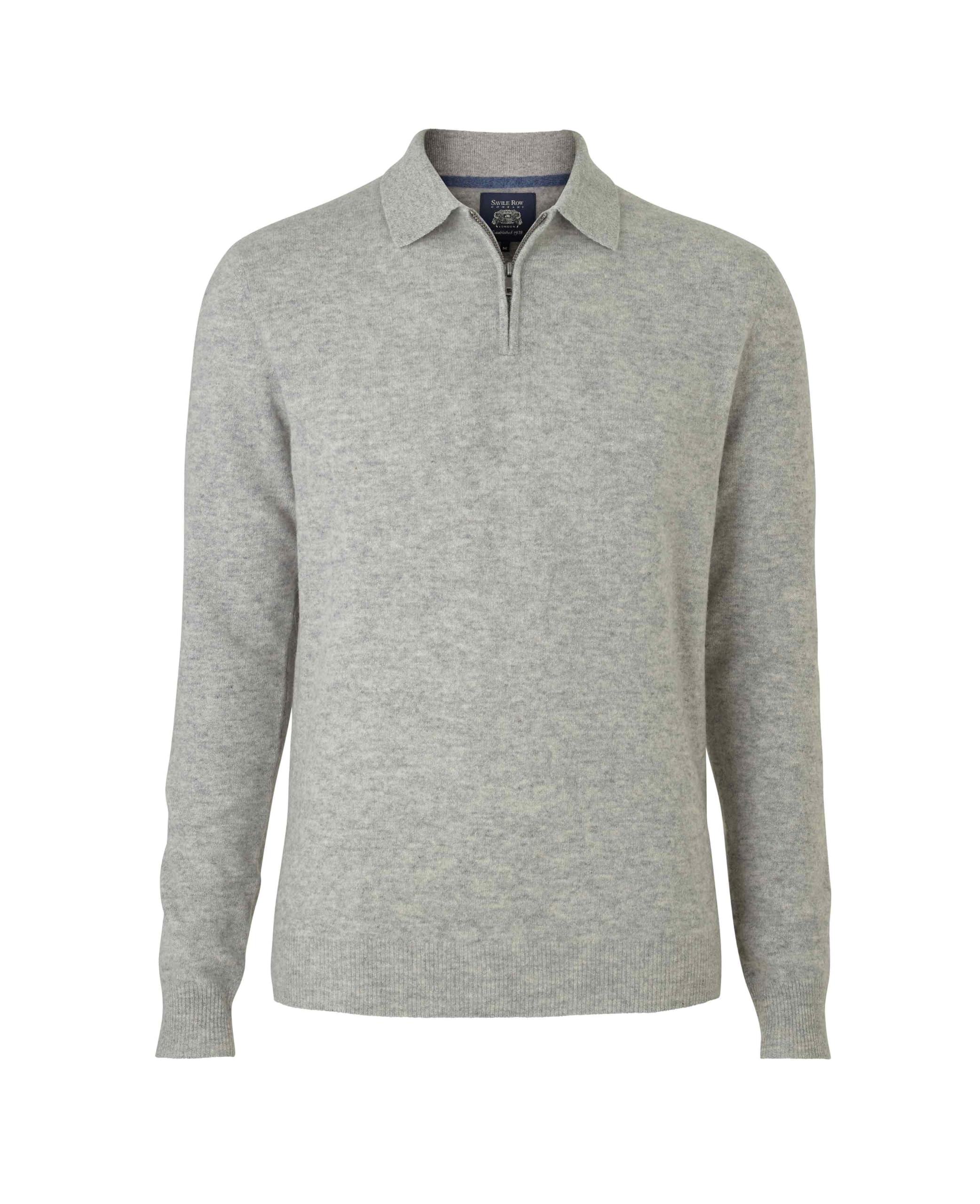 The Savile Row Company London Men's Light Grey Merino Wool Cashmere Blend Zip Neck Polo Shirt - Xxl